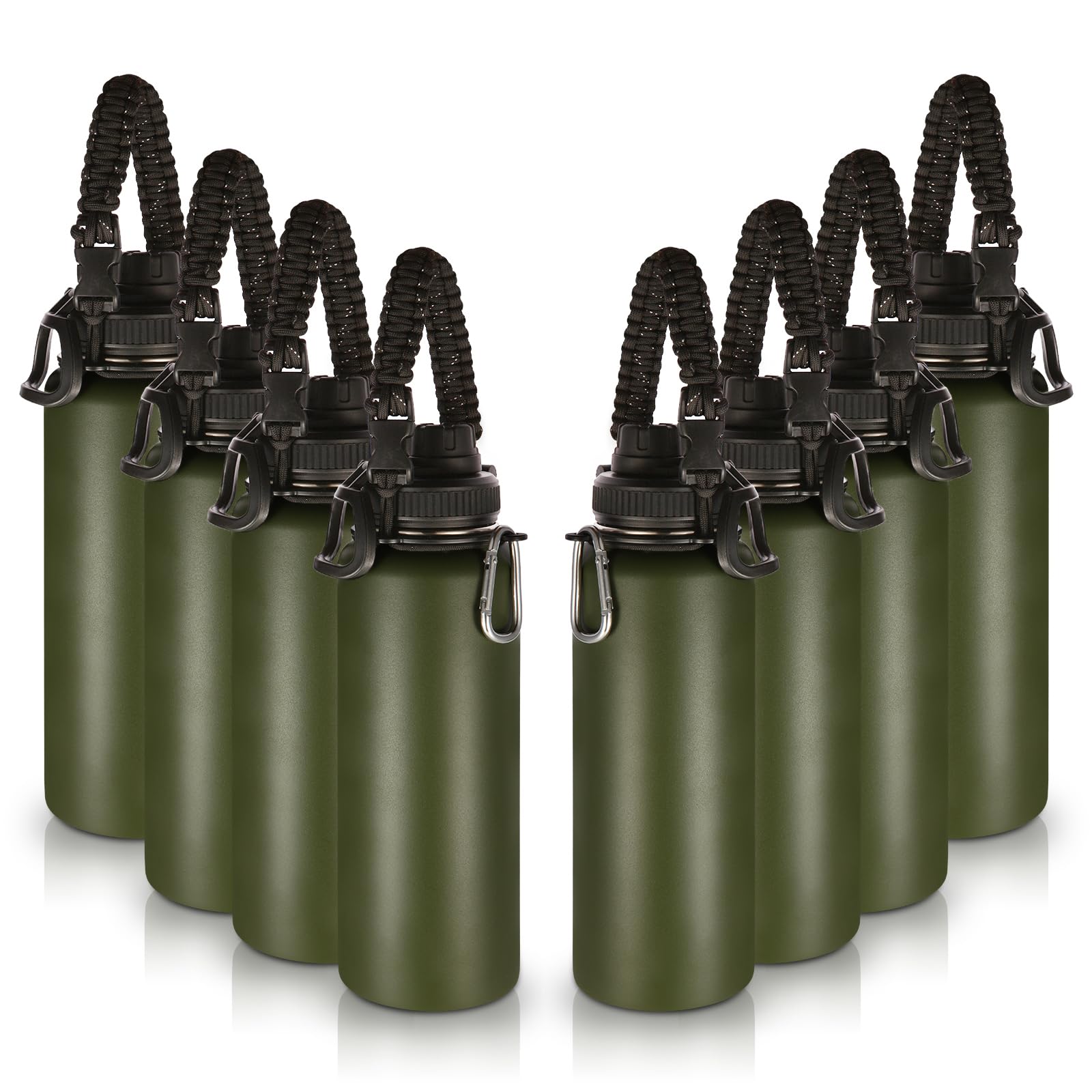 Volhoply 8 Pack Insulated Stainless Steel Water Bottles - 40 oz Wide Mouth Vacuum Travel Cups with Paracord Handle & Spout Lid - Reusable Large Sports Bottles for Gym, Hiking, Camping (Army Green, 8 Set)