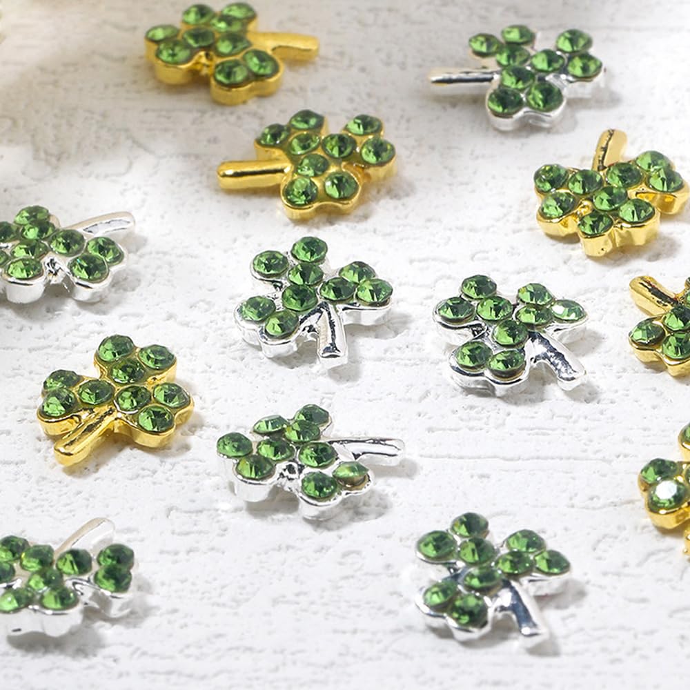 20Pcs St. Patrick's Day 3D Alloy Nail Charms - Green Shamrock Rhinestones, Gold Silver Glitter Nail Art Decorations for Women | Irish Nail Gems for Acrylic Manicure, Salon & DIY Nail Art | Perfect for St. Patrick's Parties, Nail Art Competitions & Festive Celebrations