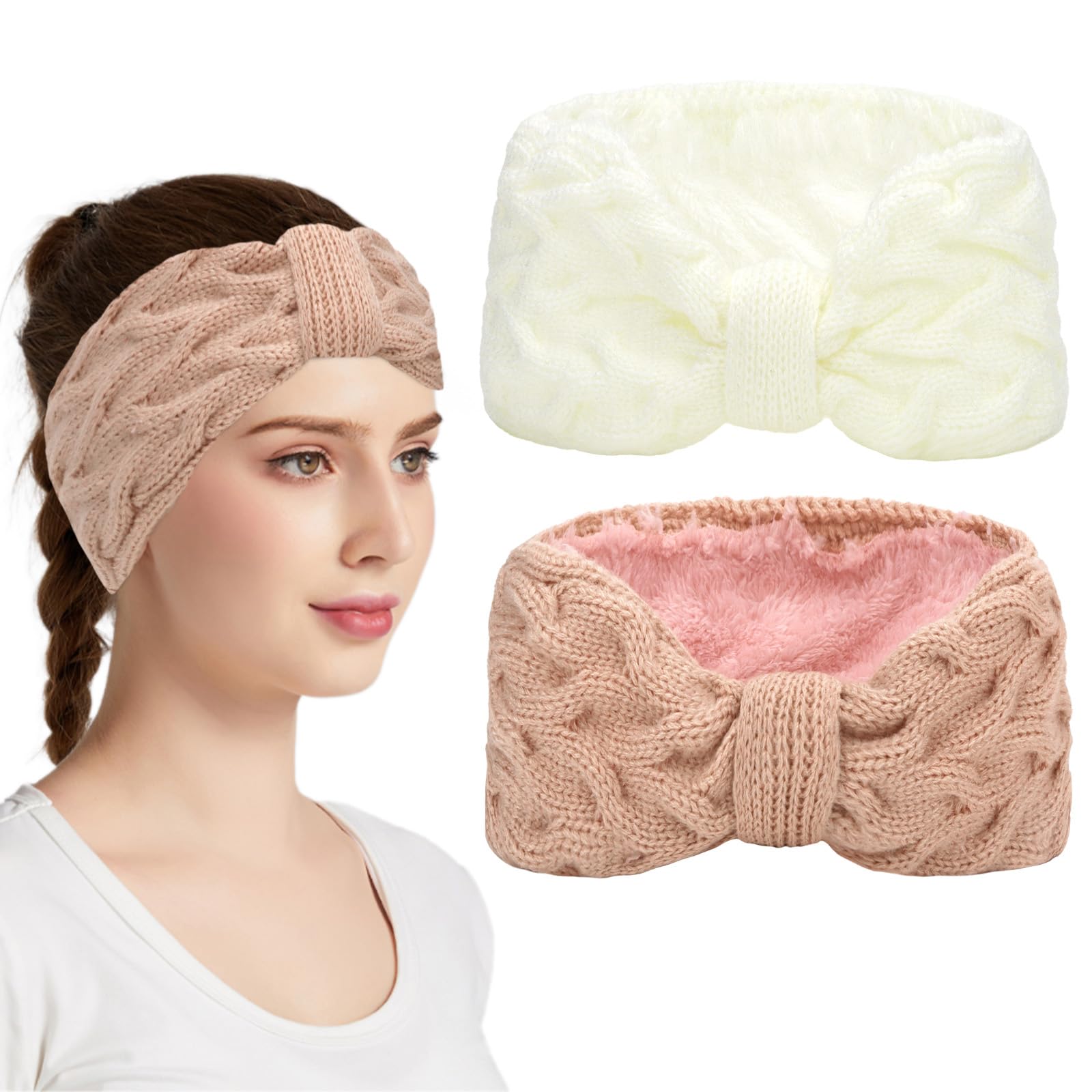 Semato 2-Pack Chunky Crochet Knitted Ear Warmer Headbands for Women - Winter Hair Accessories & Fashionable Turbans in White & Pink | Perfect for Cold Weather, Outdoor Activities & Stylish Winter Outfits