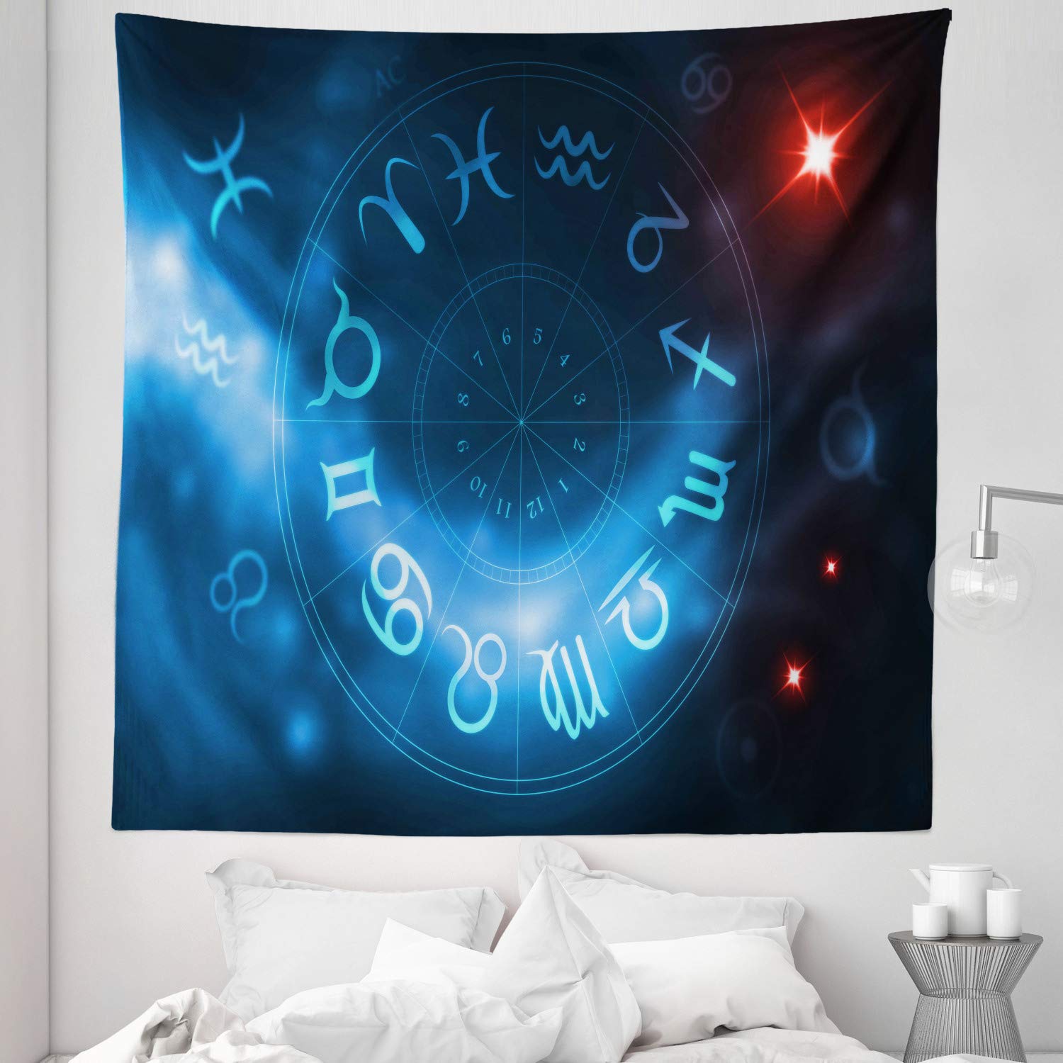 Ambesonne Astrology Tapestry Queen Size 88x88 Inches - Zodiac Horoscope Wall Hanging with Virgo Scorpio Sagittarius Signs, Blue White Red Abstract Design for Bedroom Decor, Bedspread, Wall Art | Perfect for Dorm Room, Home Decor & Boho Style Interior