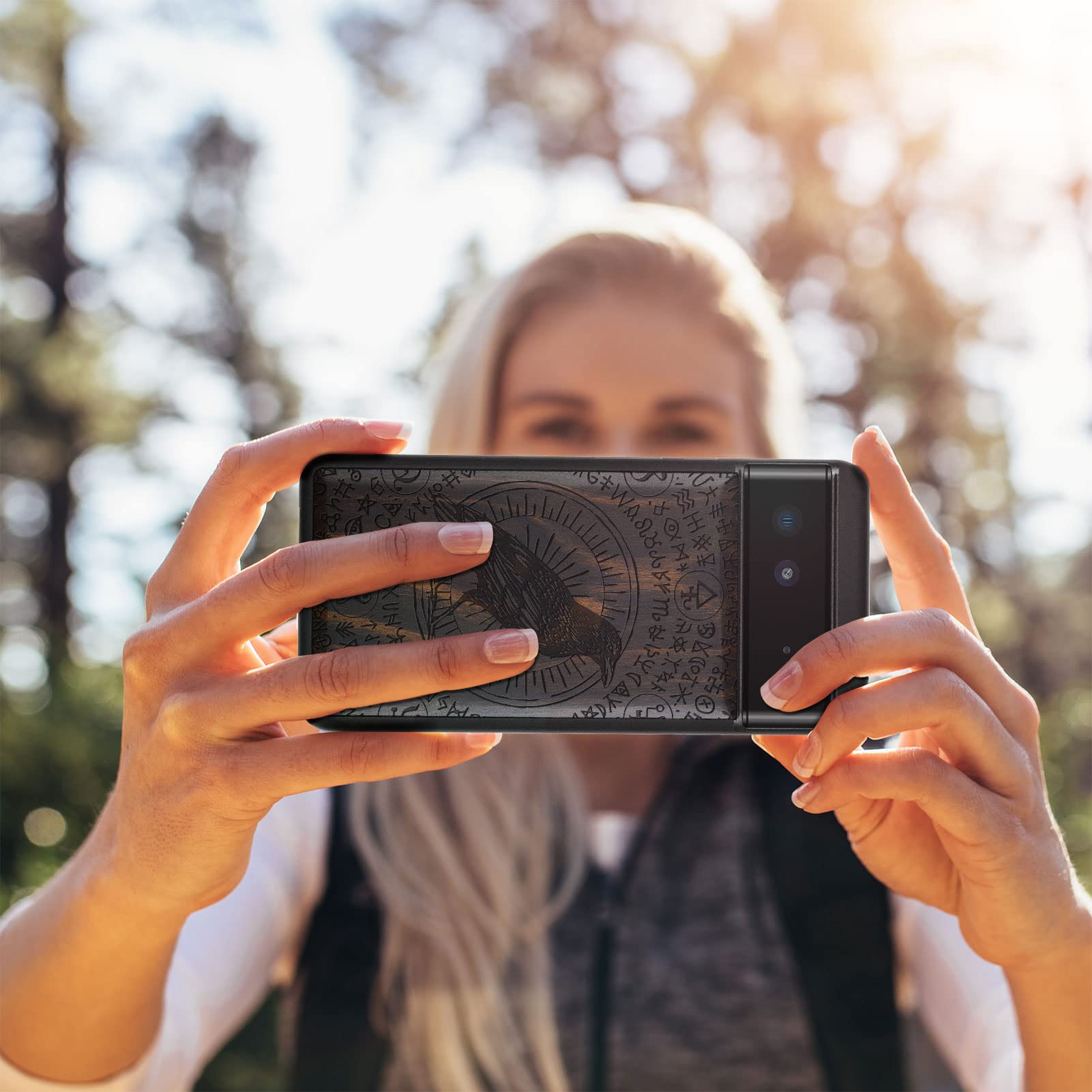 Carveit Wooden Case for Google Pixel 6 (2021) - Natural Wood & Black TPU Shockproof Protective Cover - Witchcraft Raven-Blackwood Design - Perfect for Outdoor Adventures & Everyday Protection