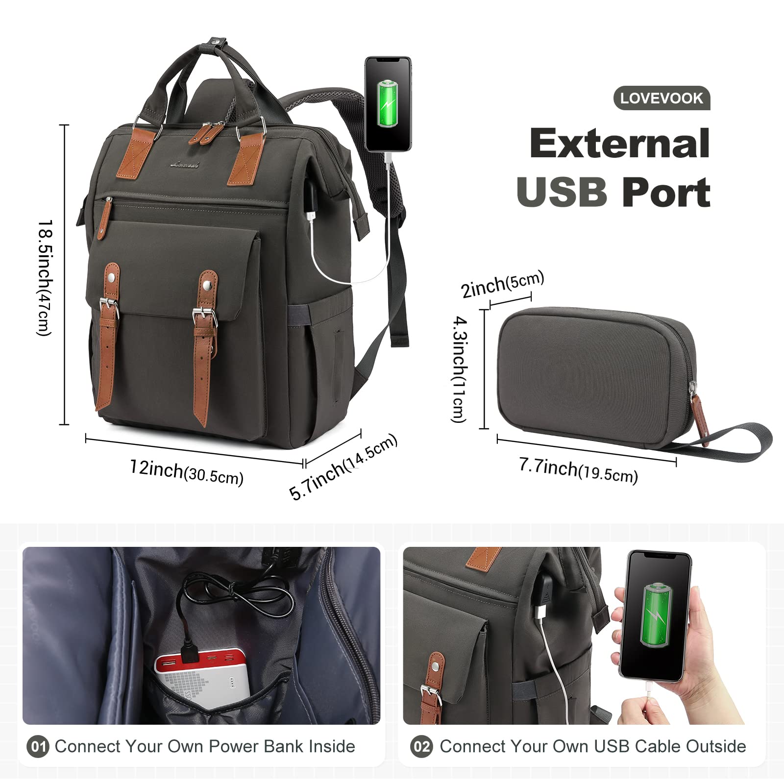 LOVEVOOK Women's 17 Inch Laptop Backpack - Stylish Dark Grey-Brown Business Travel Commuter Bag for Work, College, Teacher, Doctor & Nurse - Perfect for Office, School & Daily Use