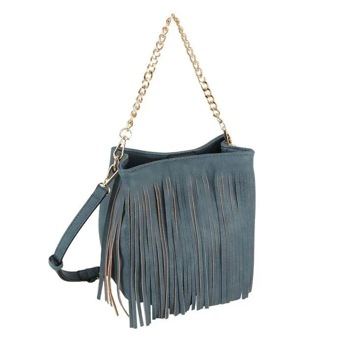 Stylish Denim Blue Faux Leather Fringe Crossbody Purse for Women - Perfect for Casual Outings, Date Nights & Music Festivals