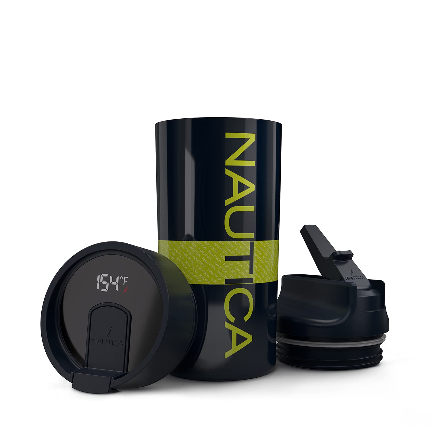 Nautica Smart Coffee Tumbler & Water Bottle - 32oz Stainless Steel Vacuum Insulated Travel Mug with Straw, LED Display & Leakproof Lid - Keeps Drinks Hot/Cold for 24 Hours - Perfect for Gym, Office & Outdoor Activities (Navy Lime)