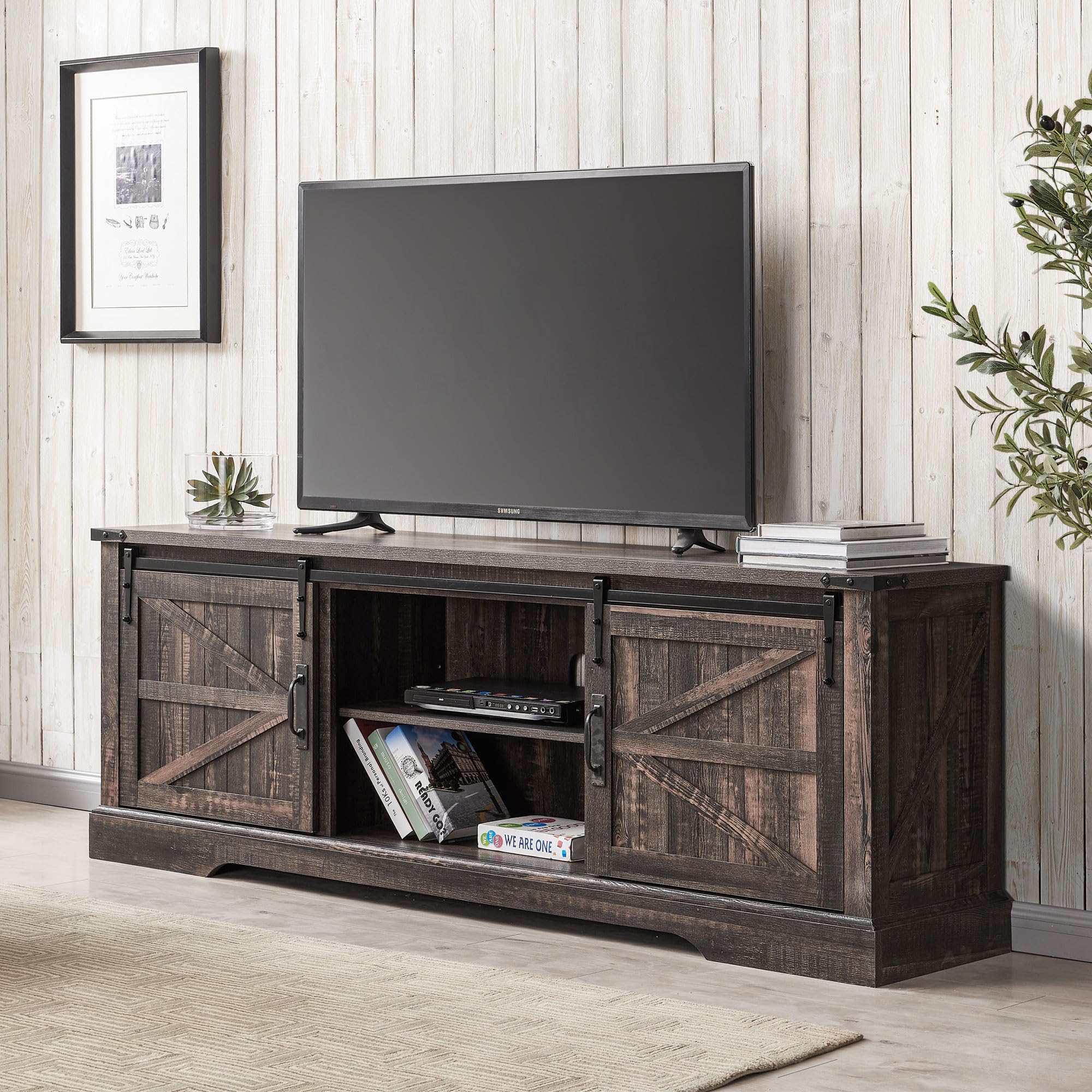 Rustic Farmhouse TV Stand for 75 Inch TV - Wood Entertainment Center with Sliding Barn Doors & Storage Shelves - Dark Oak Media Console Cabinet for Living Room, Home Theater, and Family Room Decor