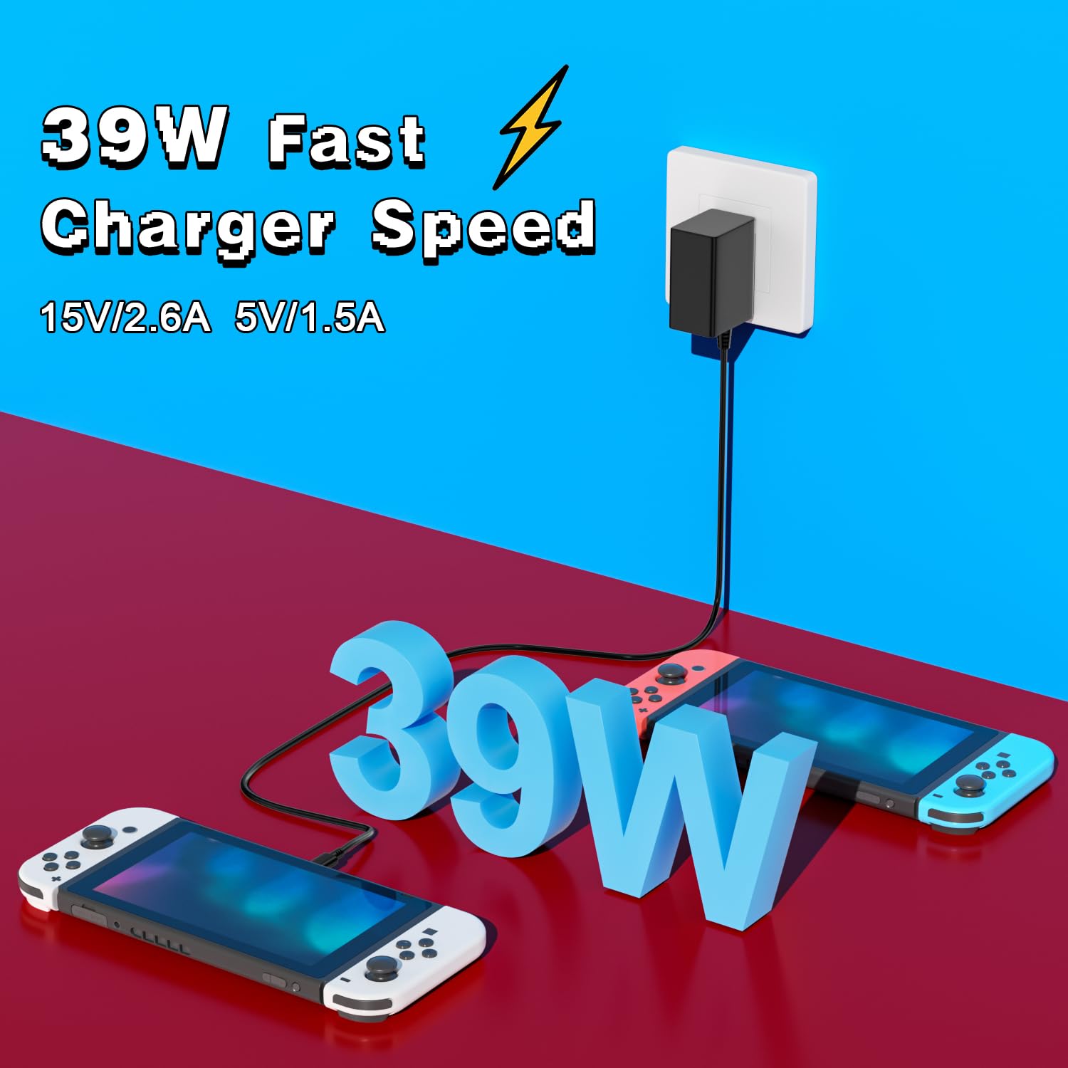 39W Fast Charger for Nintendo Switch & Switch Lite/OLED - 15V 2.6A AC Power Adapter with 5FT USB-C Cable - Compatible with Steam Deck Dock & TV Mode - Perfect for Gaming On-The-Go & Home Entertainment Setup