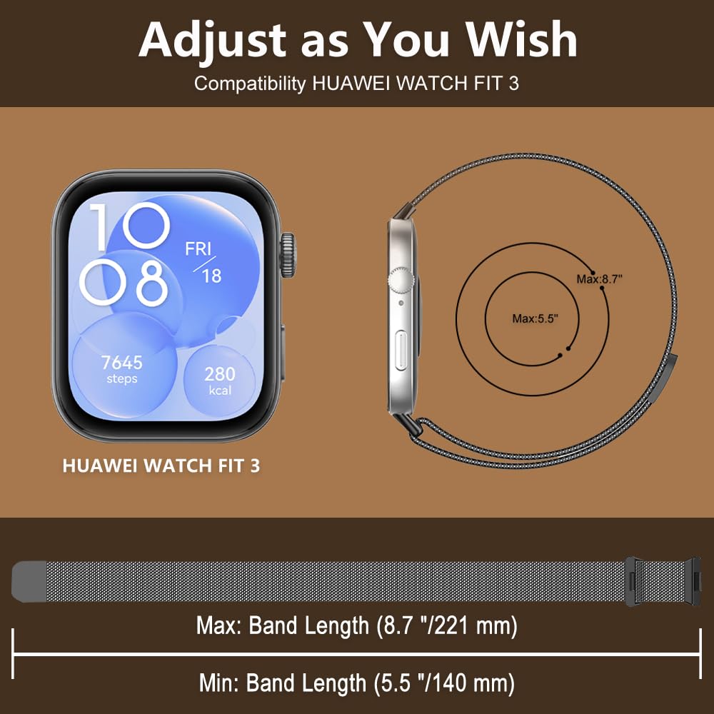 Huawei Watch Fit 3 Metal Strap - Magnetic Mesh Stainless Steel Band for Men & Women | Workout & Office Wear