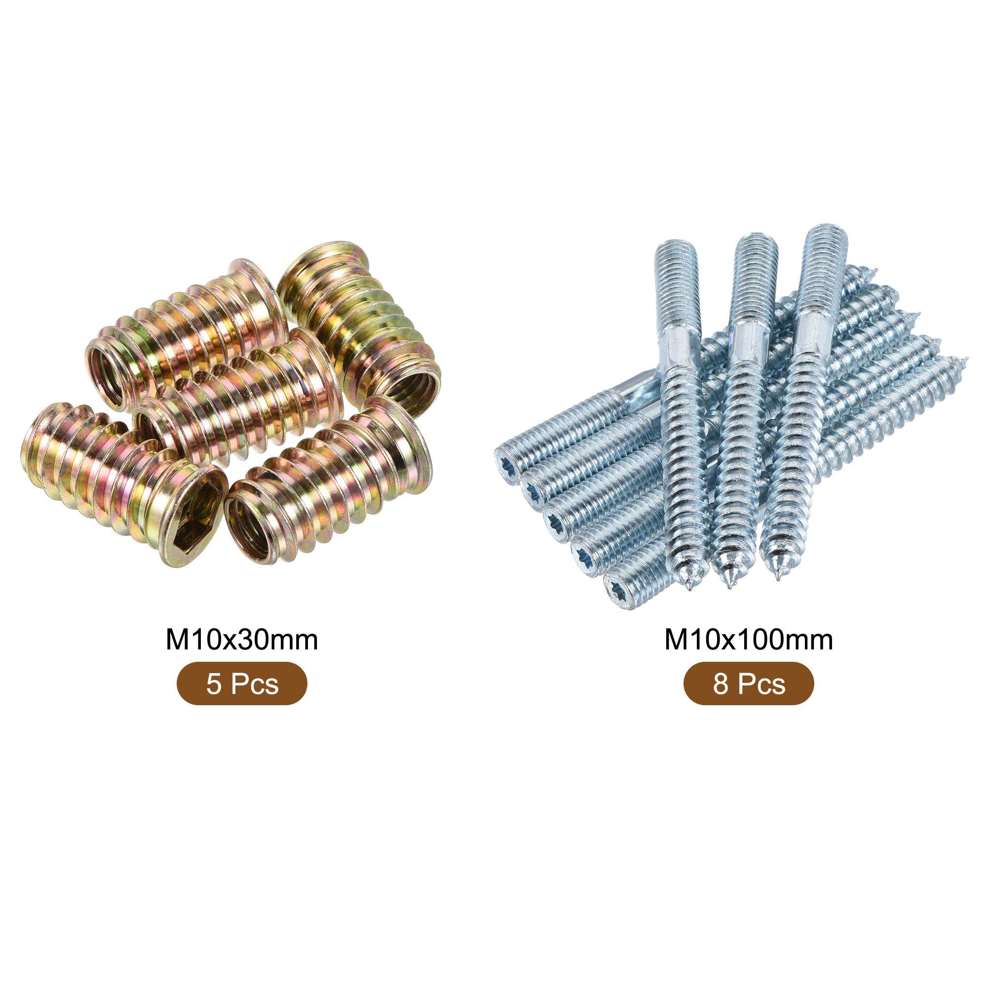 M10x30mm Insert Nuts & M10x100mm Hanger Bolts Set for Wood Furniture Assembly