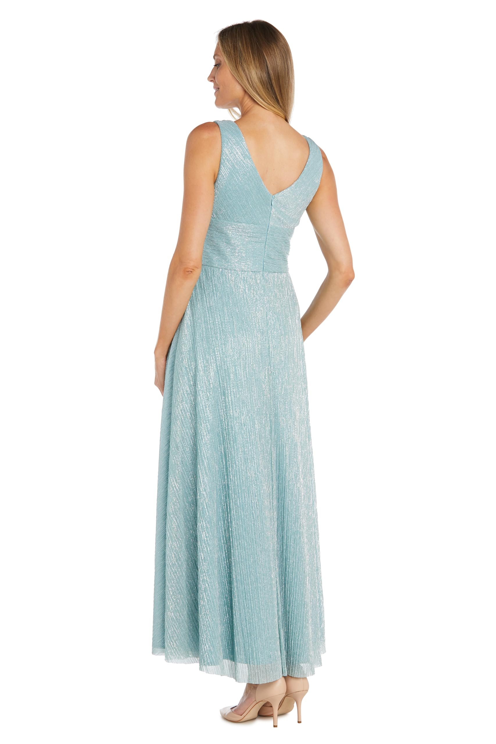 R&M Richards Elegant Long Metallic Pleated Dress with Rhinestone Trim Waistband - Perfect for Evening Parties, Prom & Formal Events