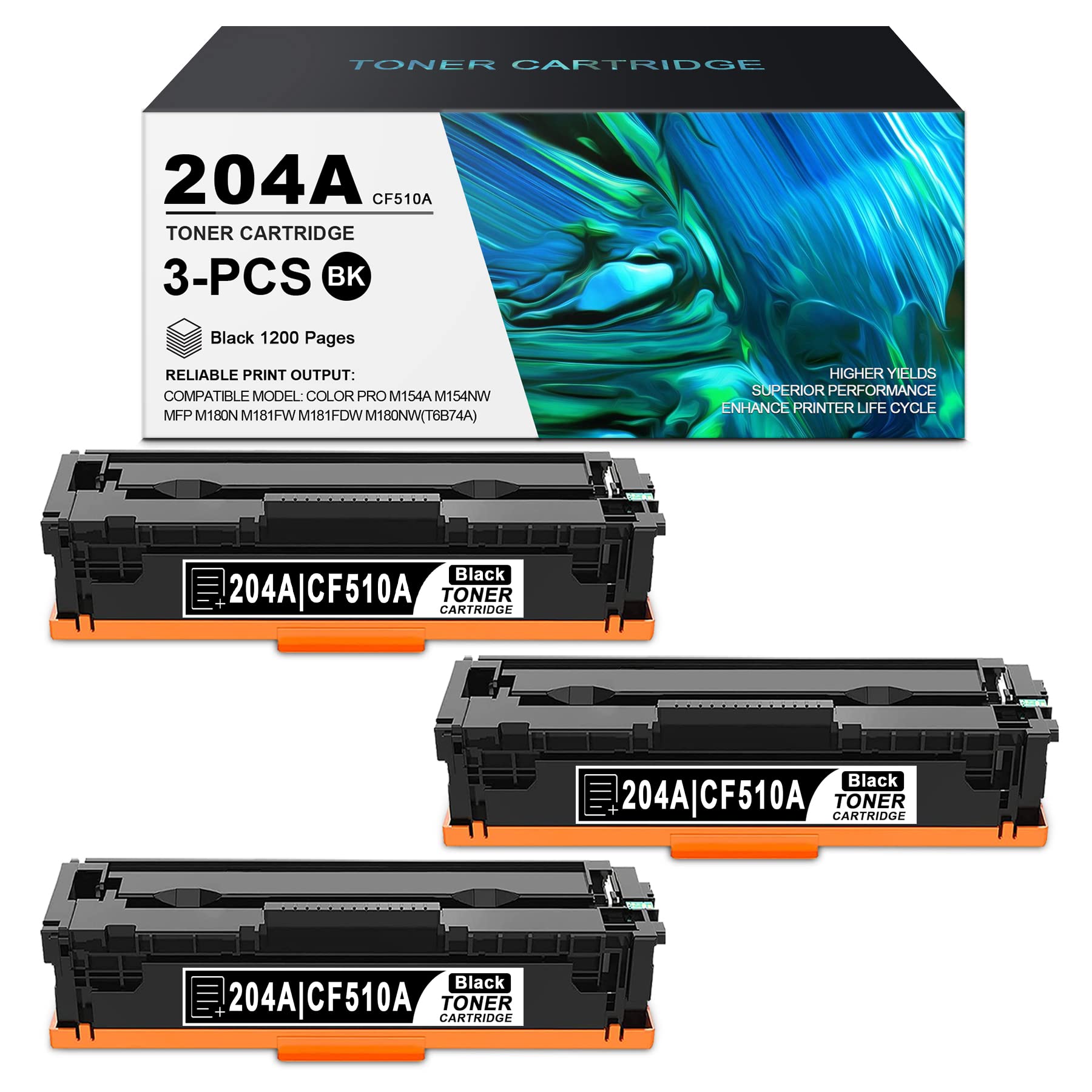 3-Pack HP 204A/CF510A Black Toner Cartridges Replacement for HP Color Pro M154a/M154nw/M180n/M181fw/M181fdw/M180nw Printers - High Yield, Reliable Printing for Home & Office Use