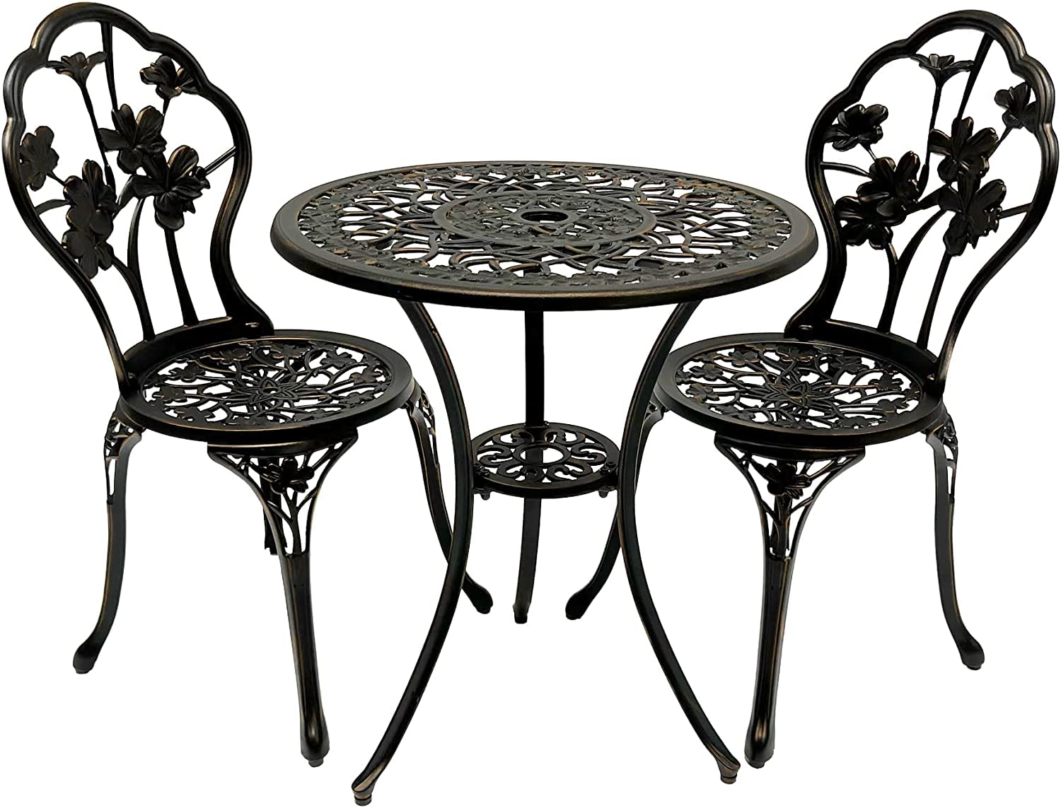 Lokingrise 3-Piece Patio Bistro Set - Durable Cast Aluminum Outdoor Furniture with Umbrella Hole for Patio, Porch, Backyard - Perfect for Outdoor Dining, Relaxing & Entertaining - Brown