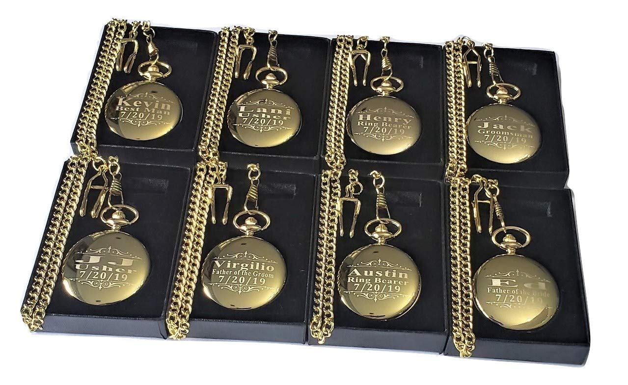 8 Gold Polished Engraved Pocket Watches Set - Personalized Groomsmen Gifts for Weddings with Chain & Gift Box - Engraved Vintage Style Pocket Watch Collection for Best Man, Father of the Bride & Wedding Party - Perfect for Anniversary, Retirement & Special Occasion Gifts