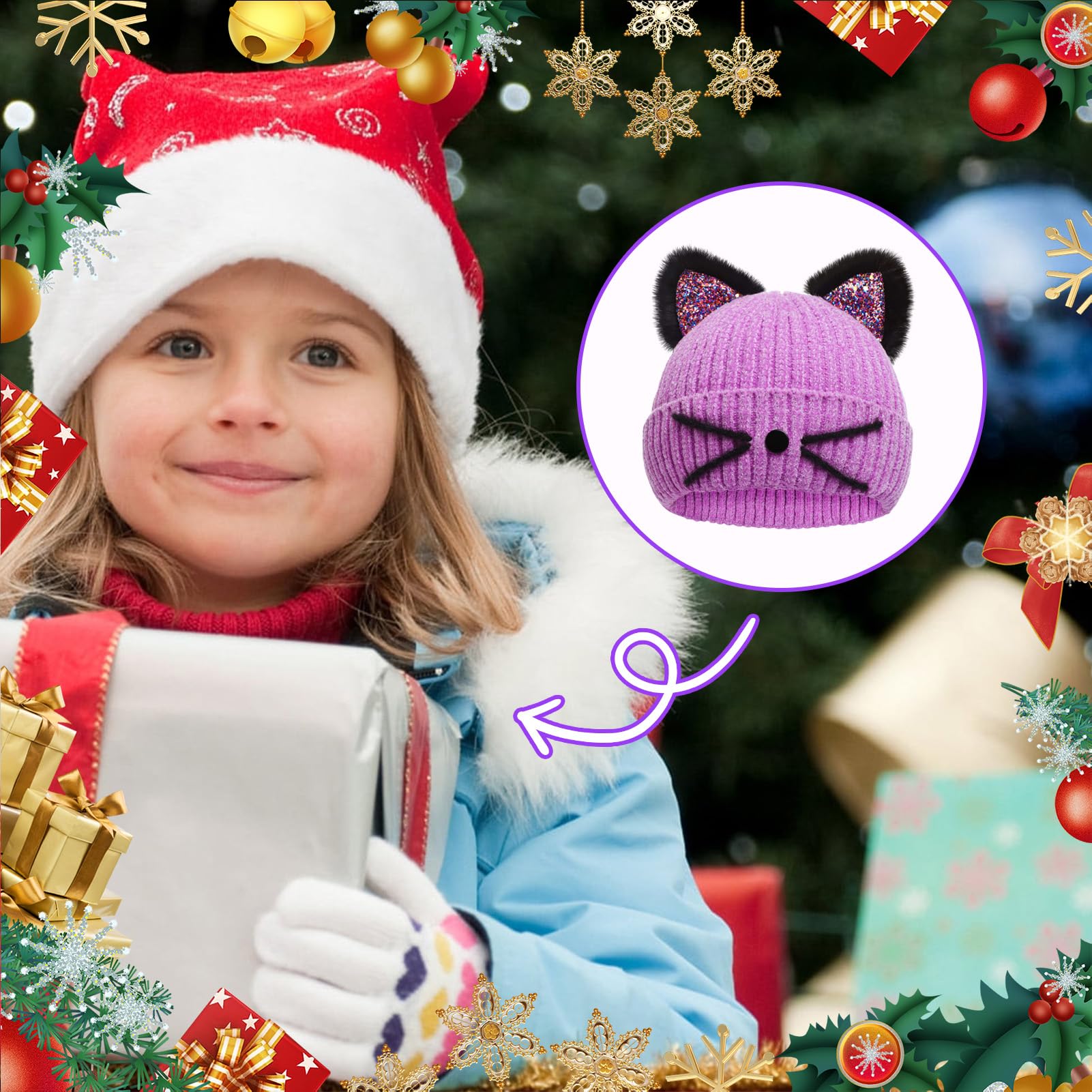 Sparkle Cat Ears Knit Beanie for Girls Ages 7-12 - Warm Winter Hat with Sequins for Outdoor Snow Skiing & Cold Weather Activities