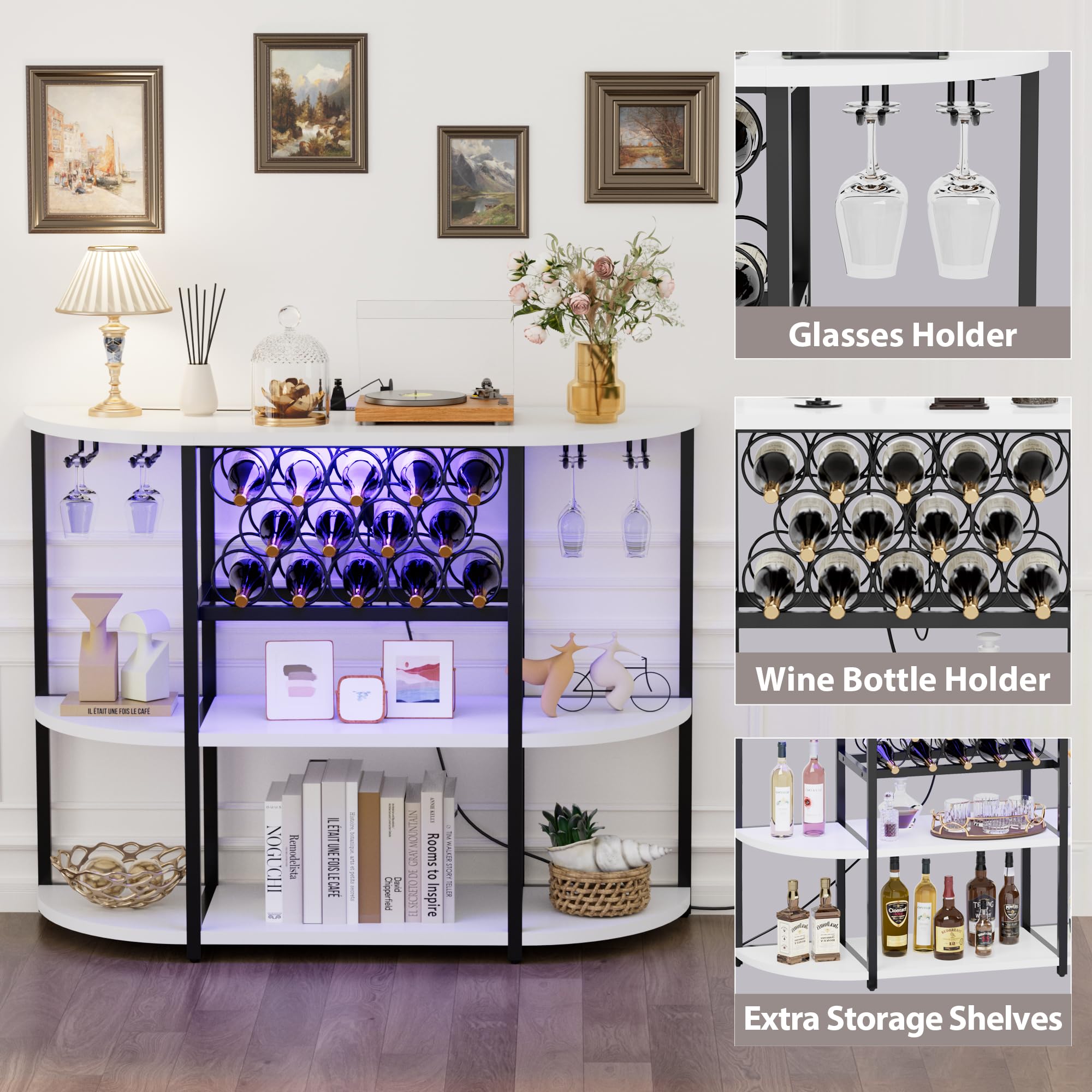 Shahoo White Wine Bar Cabinet with Storage Rack, Built-in Power Outlets & LED Lights - Glass Shelves for Liquor Bottles & Stemware - Perfect for Home Kitchen, Dining Room or Entertainment Area