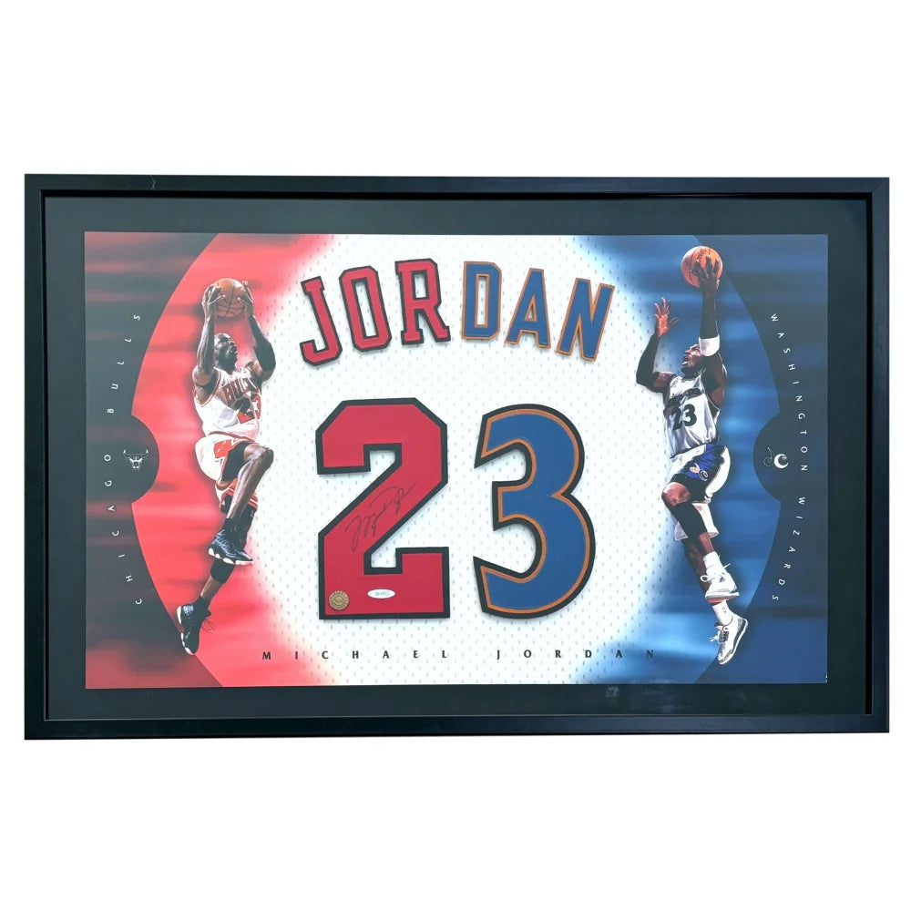 Authentic Michael Jordan Signed Jersey Framed Photo Collage - UDA Certified Bulls & Wizards Memorabilia with COA | Perfect for Sports Collectors, Man Cave Decor & Basketball Fan Gifts