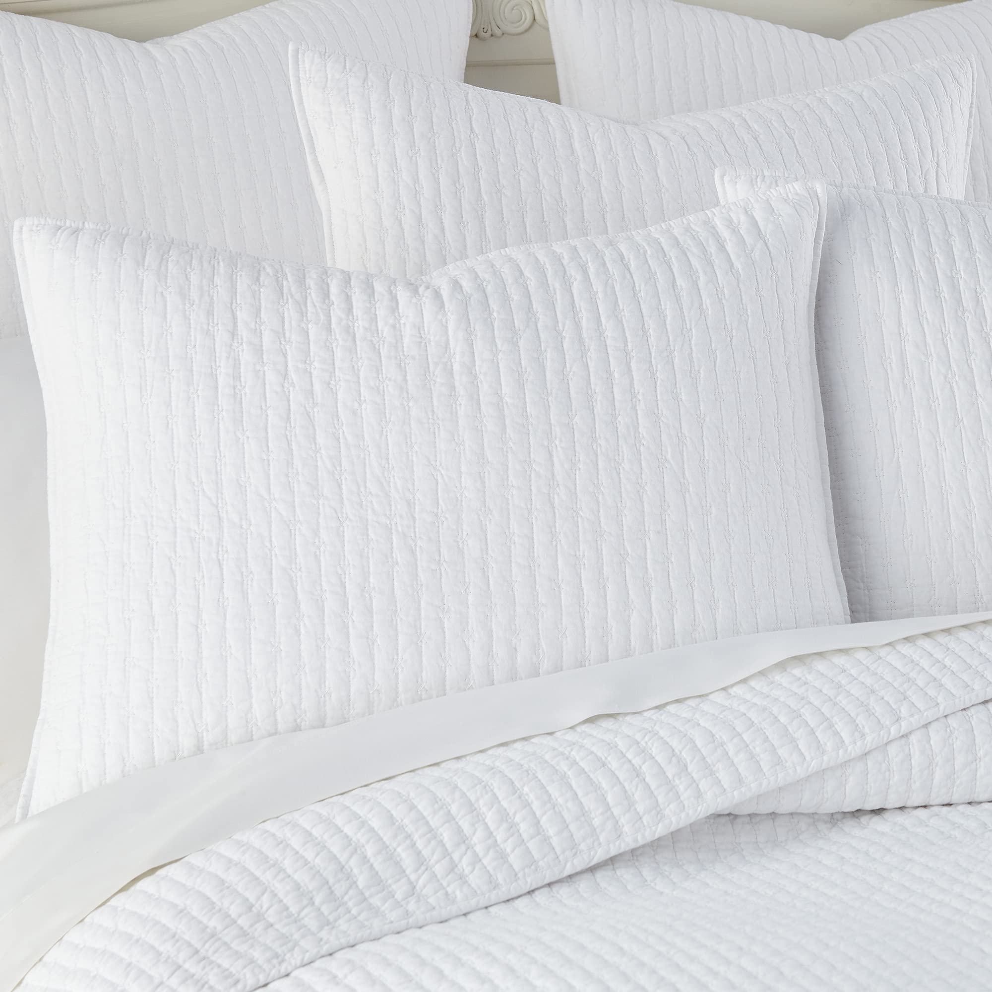 Levtex Home King Size Cross Stitch White Cotton Quilted Bedspread Set with 2 Shams (120x104in Bedspread + 20x36in Shams) - Elegant Bedroom Decor for Master Suite or Guest Room
