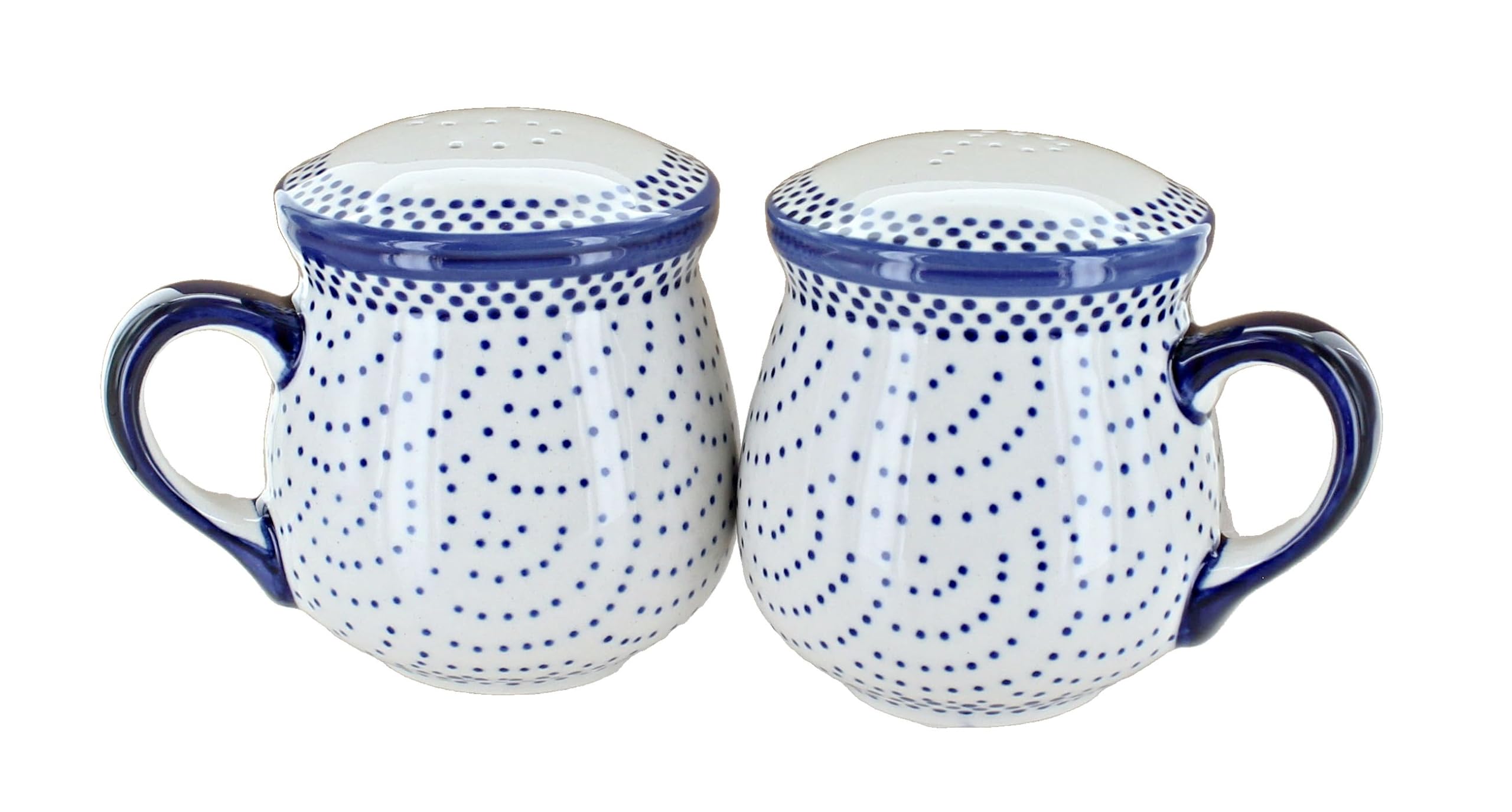 Handmade Blue Rose Polish Pottery Salt and Pepper Shakers with Small Dots & Handles - Perfect for Kitchen, Dining Table, and Gift Giving