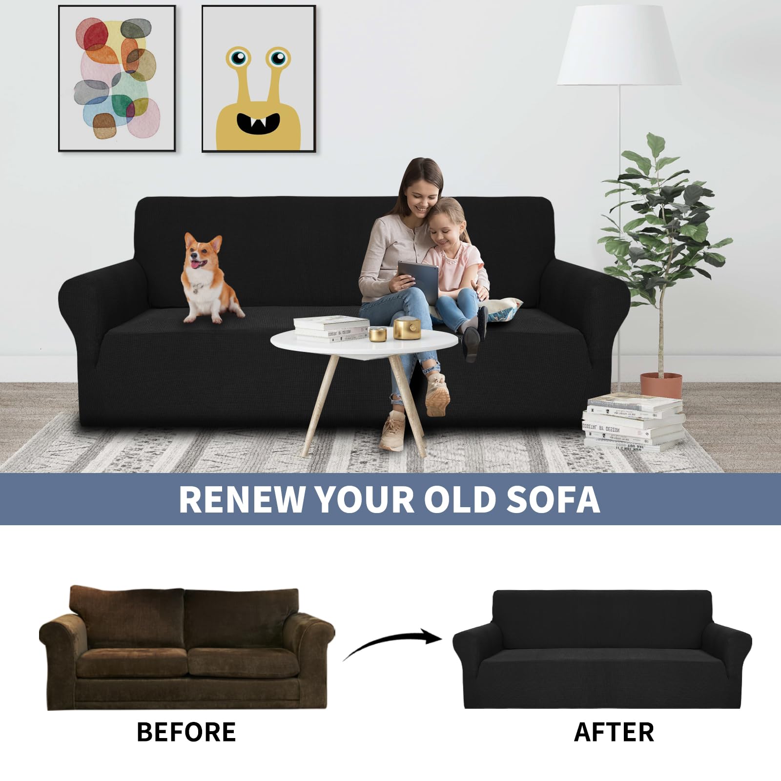 JIVINER High Stretch 1-Piece Sofa Slipcover - Extra Large 3-Cushion Couch Cover with Anti-Slip Elastic Bottom, Furniture Protector for Pets (XL, Black) - Perfect for Living Room, Family Room & Pet-Friendly Homes