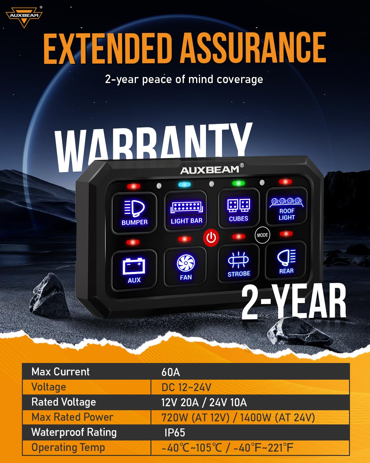 Auxbeam 8 Gang Switch Panel RB80 XL 5.3 Inch RGB LED Toggle Momentary Pulsed Switch Pod - 12-24V Waterproof Auxiliary Circuit Control Relay System for Truck, Car, Offroad, UTV - Perfect for Off-Roading, Camping & Emergency Lighting - 2 Years Warranty