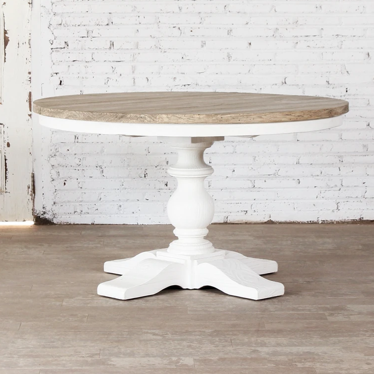 Handmade Indian Solid Mango Wood Round Dining Table - Ethreal Whites Collection | Rustic Farmhouse Style for Dining Room, Kitchen, or Outdoor Patio