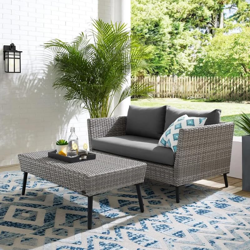 Crosley Richland 2-Piece Wicker Patio Set - Gray Outdoor Coffee Table & Loveseat for Porch, Garden, or Backyard Relaxation | Weather-Resistant Wicker Furniture