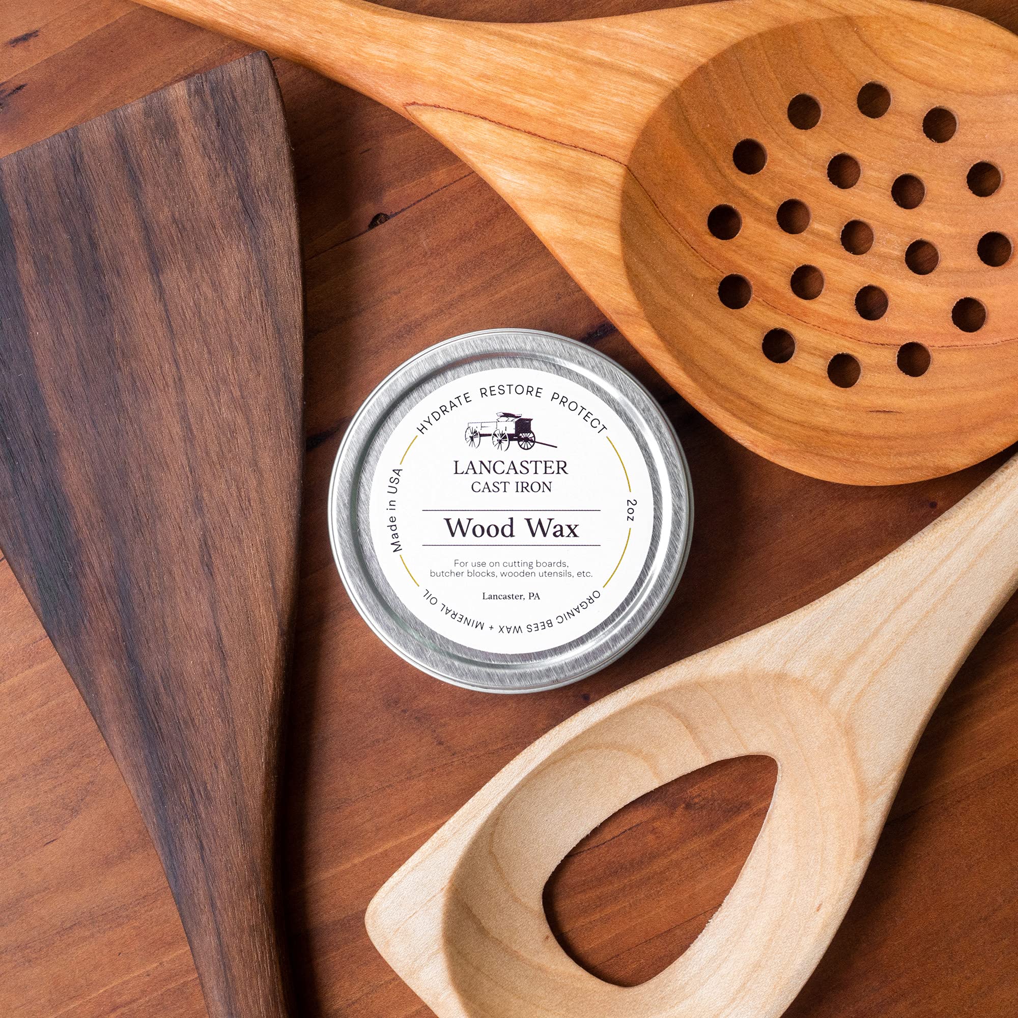Natural Wood Wax for Spoons, Cutting Boards & Butcher Blocks - 2oz Beeswax & Mineral Oil Wood Conditioner - Food Safe Wood Butter - Made in USA - Perfect for Kitchen Utensils & Wooden Cutting Board Maintenance