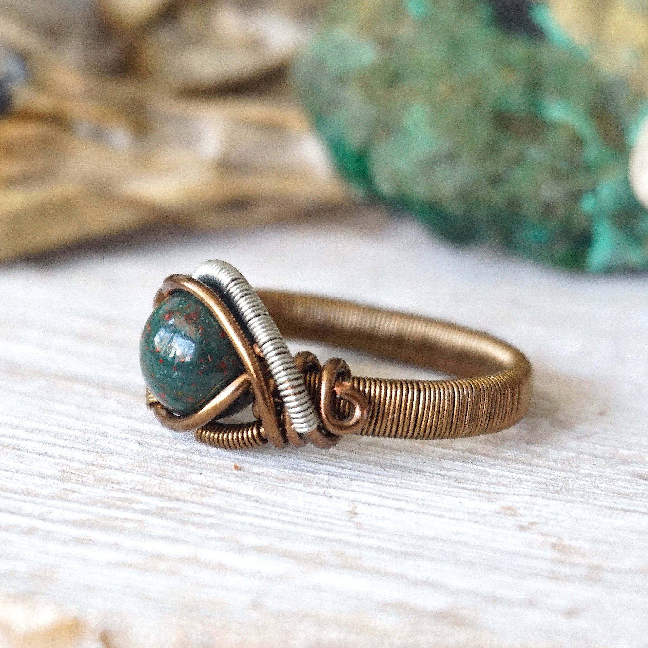Raw Bloodstone Ring in Antique Bronze - Healing Crystal Jewelry for Protection & Grounding | Perfect for Meditation, Energy Work & Spiritual Gifts