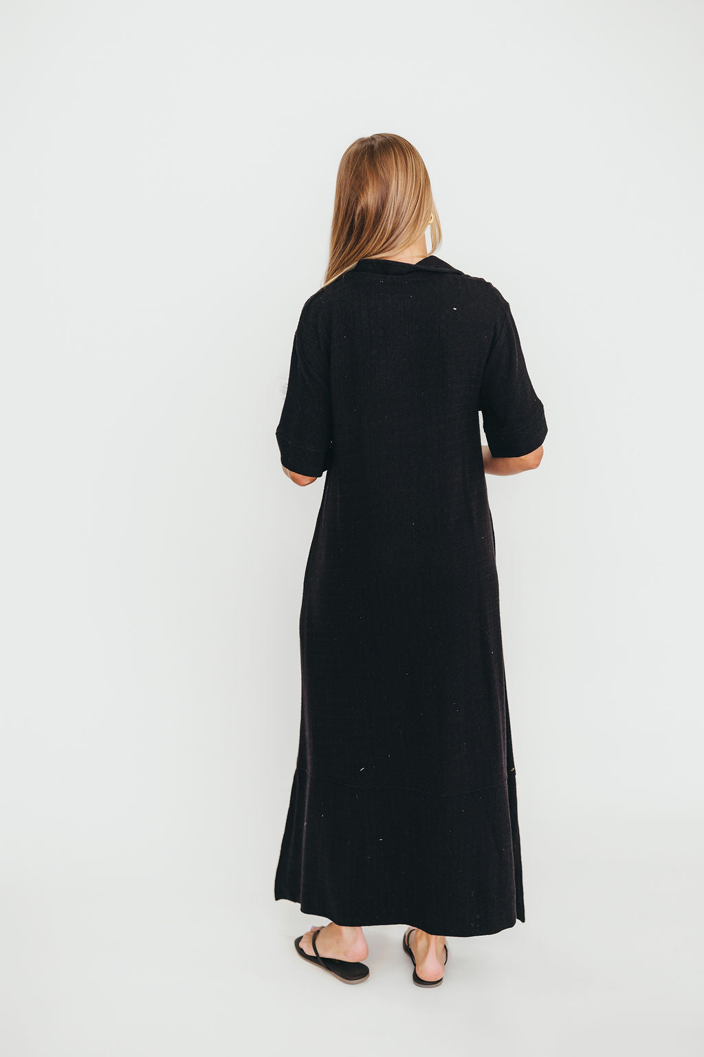 Fallon Black Linen Blend Collared Midi Dress - Bump Friendly Maternity Wear for Work, Parties & Special Occasions