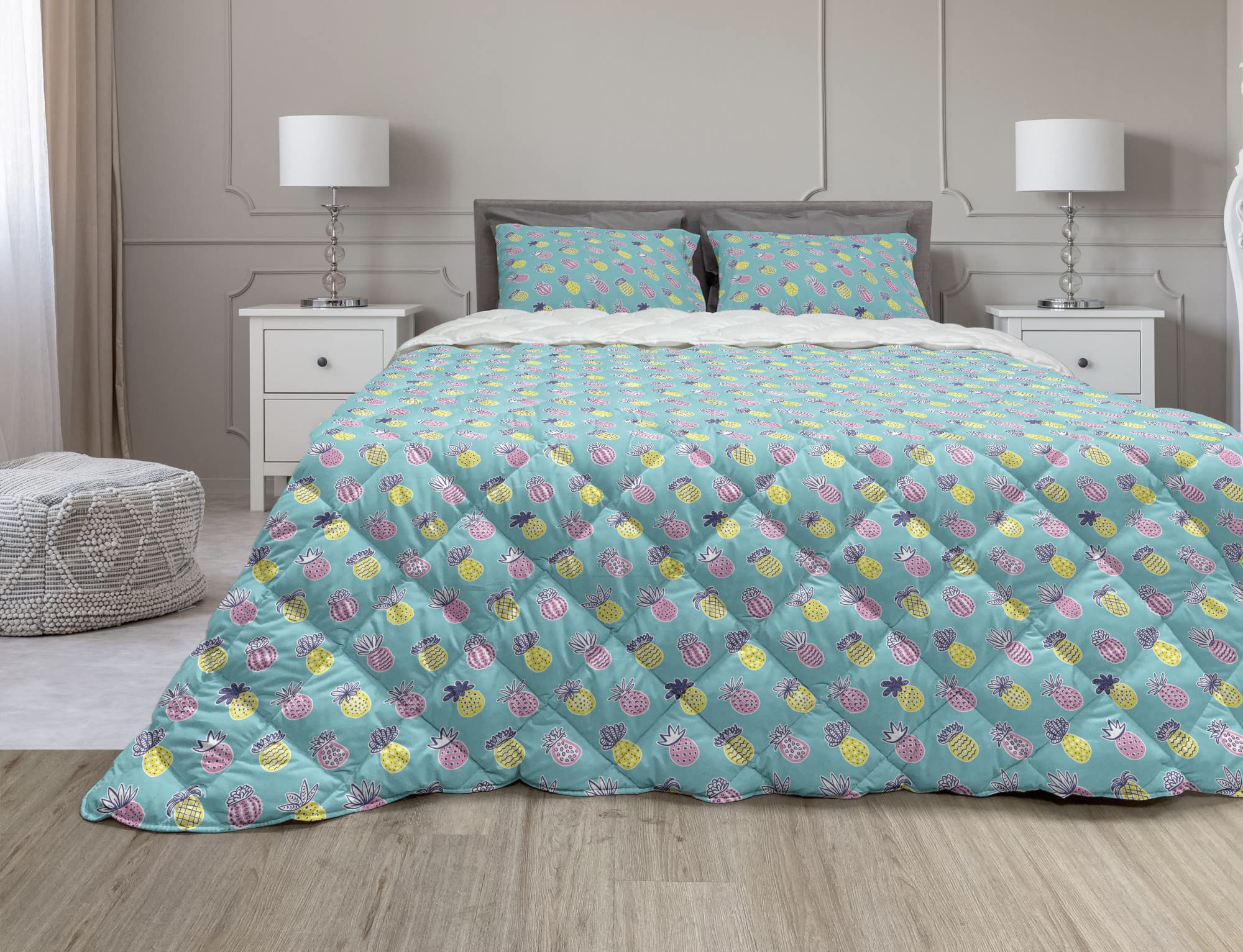 Ambesonne Tropical Pineapple Comforter Set - 3 Piece Full Size Duvet Cover with Microfiber Filling, Pastel Turquoise Yellow Pink Beach Theme Bedding - Perfect for Summer Bedroom Decor, Guest Room & Coastal Vacation Homes