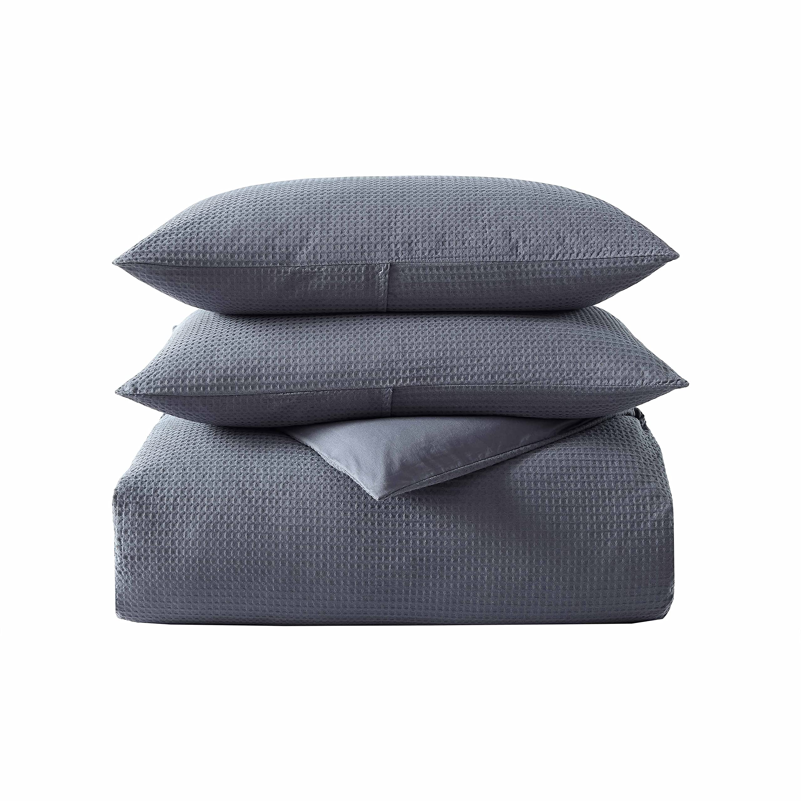 Vera Wang King Duvet Cover Set - 100% Soft Cotton Luxury Bedding with Matching Shams, Button Closure, Waffle Pique Midnight Design | Elegant Bedroom Decor for Master Suite, Guest Room & Hotel Style Upgrade