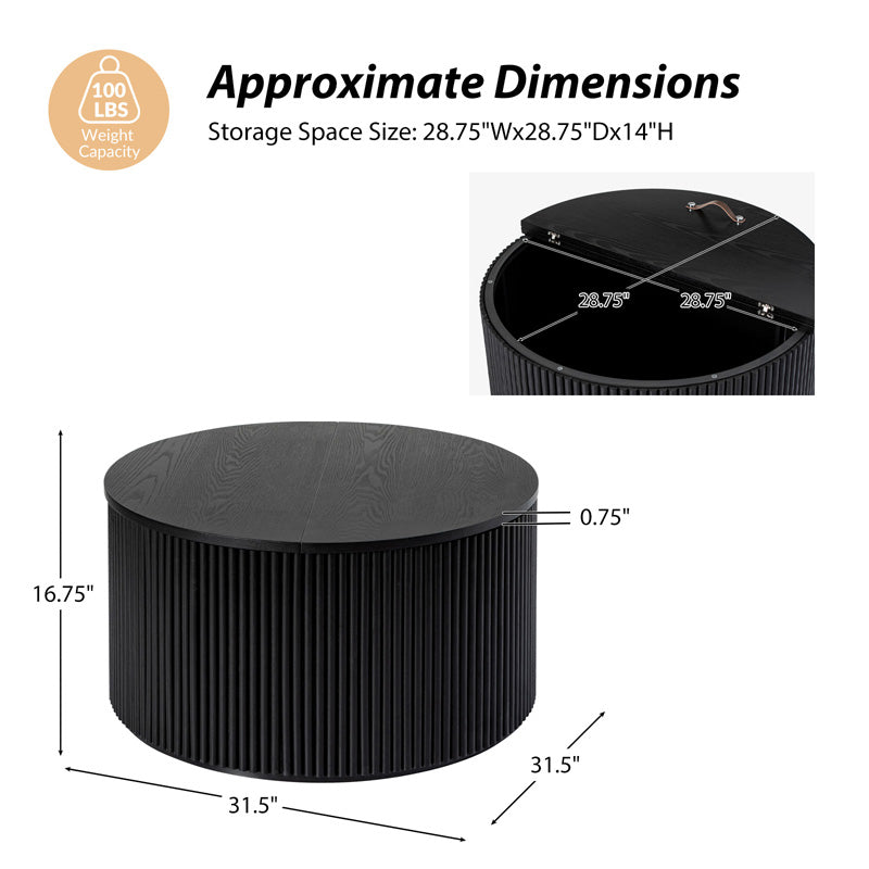 Julius 31.5 Inch Round Black Coffee Table with Storage - Modern Living Room Center Table for Small Spaces, Perfect for Holding Remote, Books & Decor