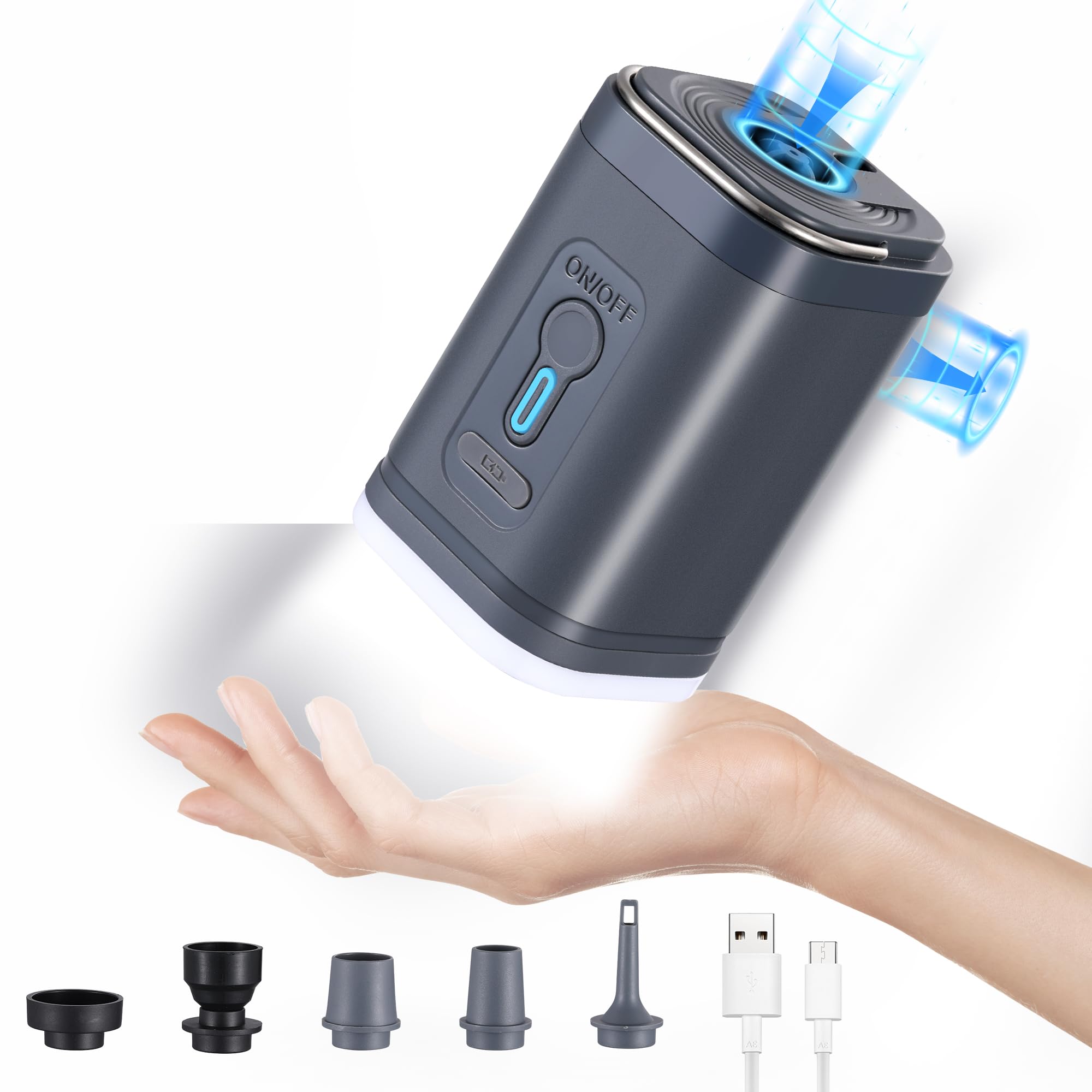 Portable Electric Air Pump for Inflatables - 5 Nozzle Mini Vacuum Pump with 3 LED Camping Lights | Quick Inflation for Air Mattress, Pool Floats, Boat Toys, Yoga Balls, Swim Rings & Storage Bags | Perfect for Camping, Travel, Beach & Home Use