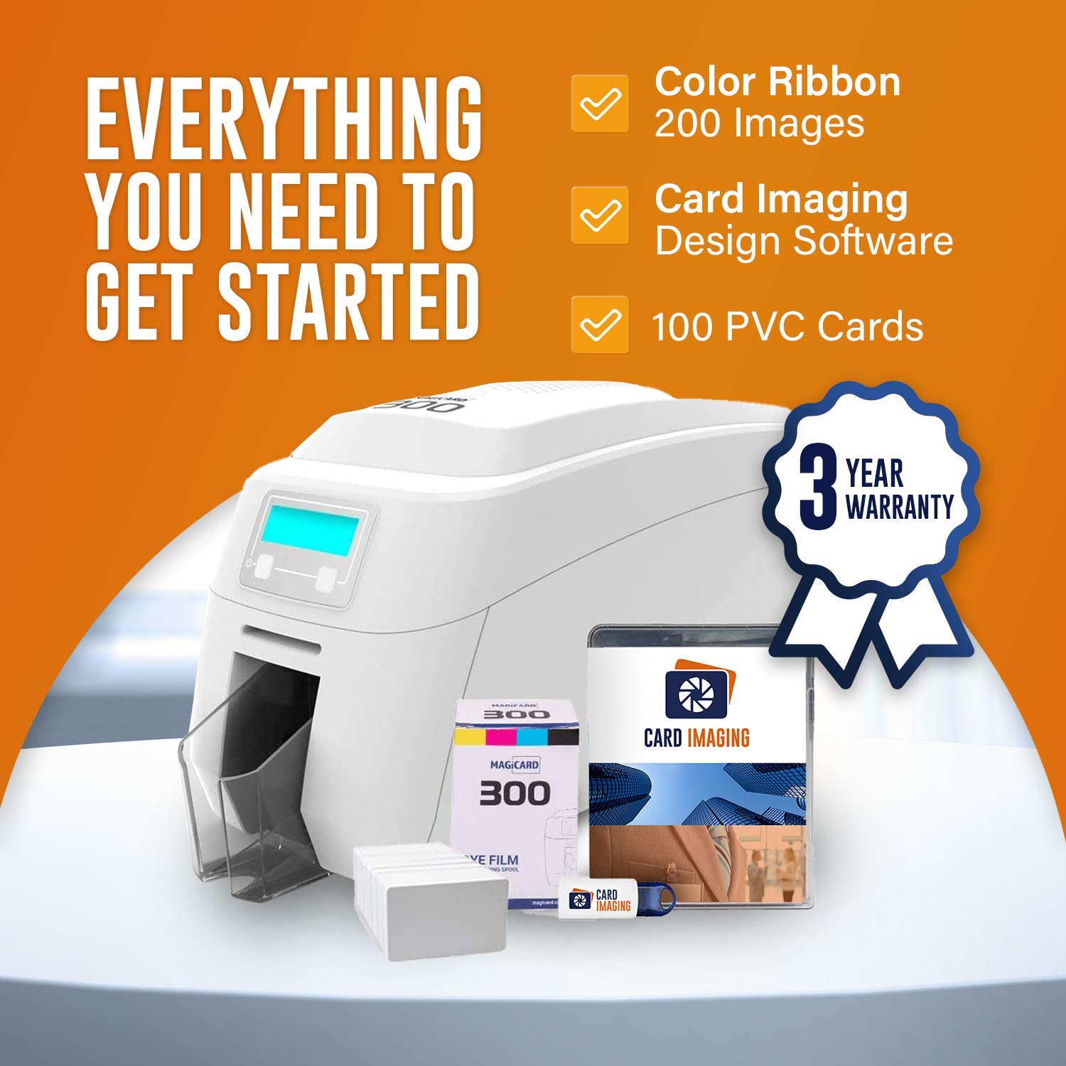 Magicard 300 Dual-Sided ID Card Printer with Supplies Bundle - Professional Badge Maker Machine (3300-0021) for Office Security, Employee ID Cards & Event Credentials