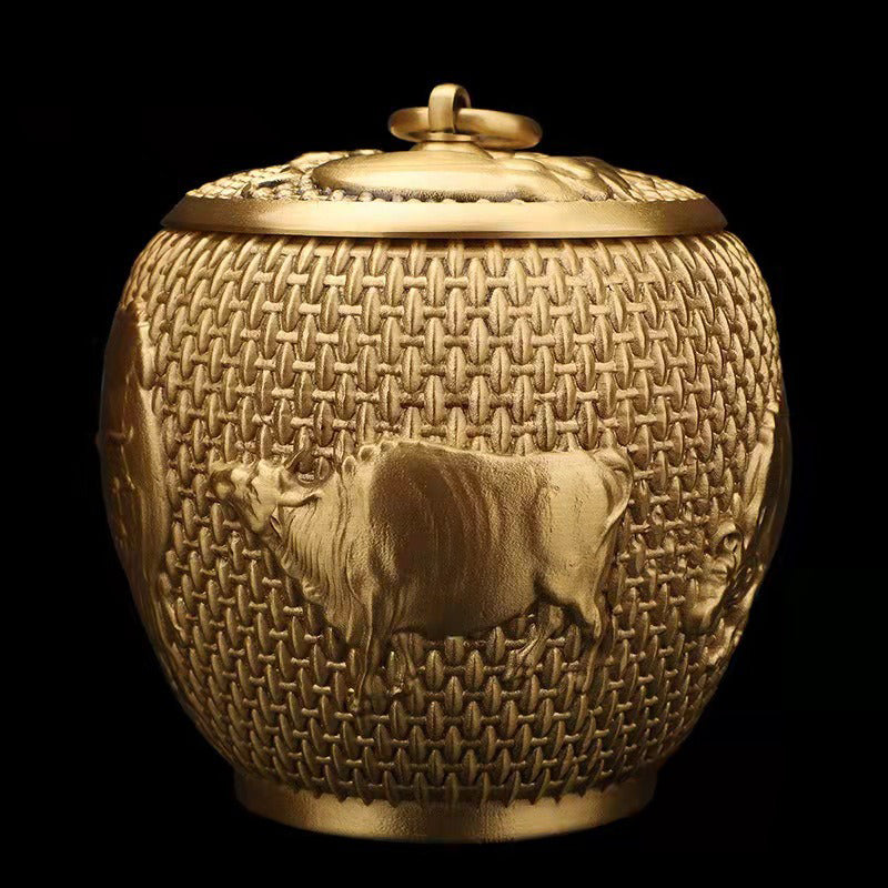 Five Cattles Brass Tea Caddy - Premium Airtight Tea Storage Container for Loose Leaf Tea, Herbs & Spices | Perfect for Kitchen, Pantry & Tea Ceremony Gifts