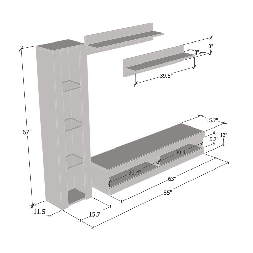 Modern Gray Wall-Mounted TV Stand with Storage Shelves & LED Lights - Meble Fly G 34 Entertainment Center for Bedroom & Living Room - Space-Saving Media Console for Small Apartments & Home Theater Setup