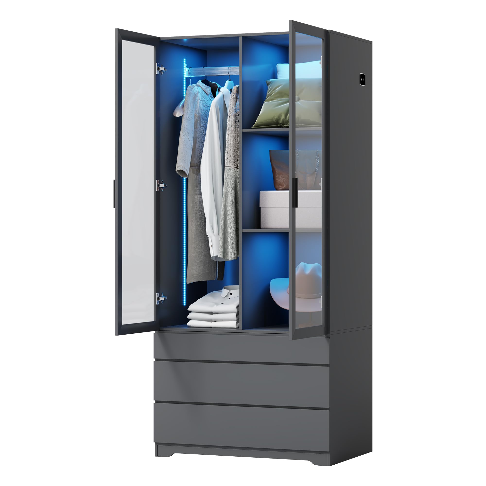 Modern LED Armoire Wardrobe Closet Cabinet with 3 Drawers & 2 Doors - 70