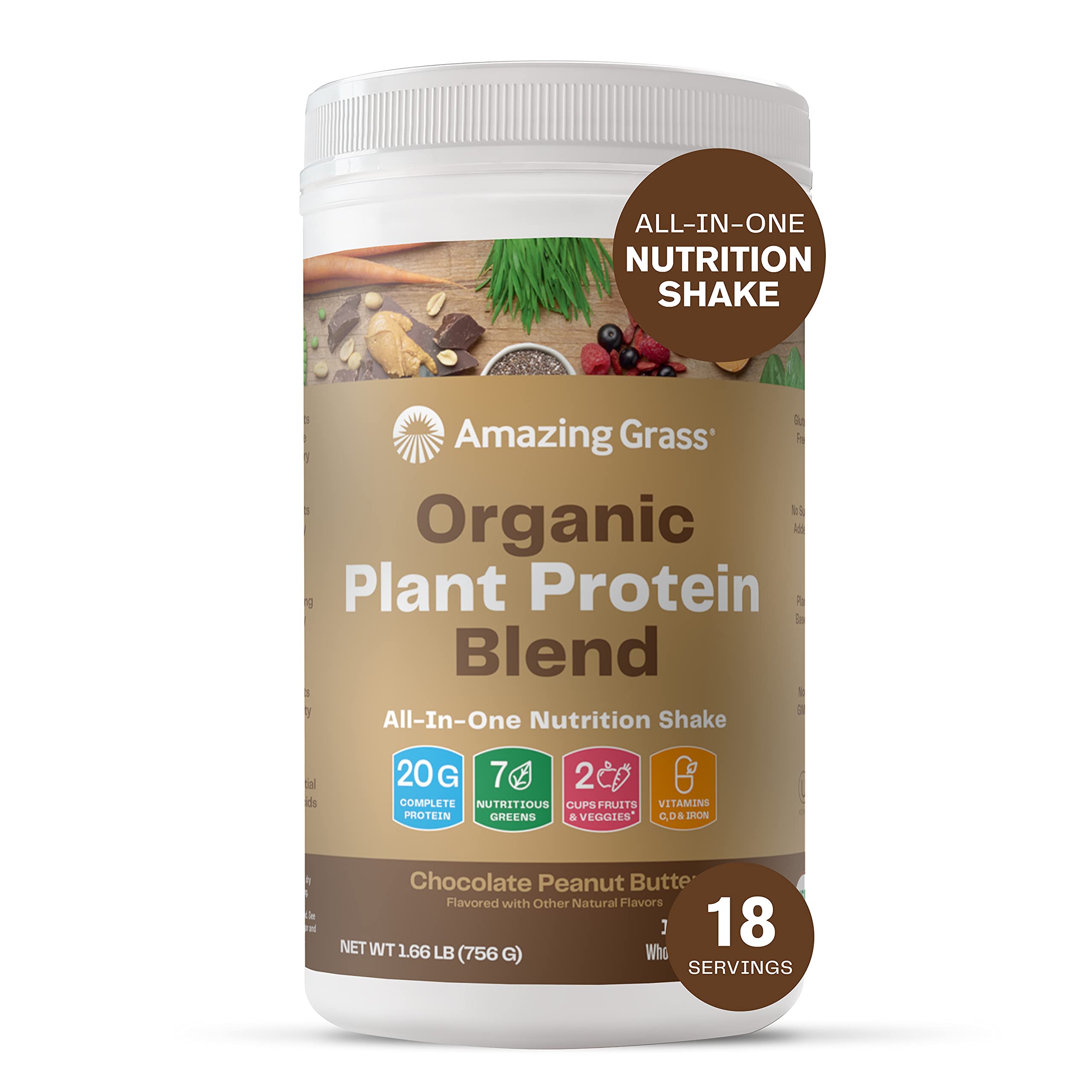 Amazing Grass Organic Plant Protein Powder - Vegan Superfood Blend with Beet Root, Chocolate Peanut Butter Flavor (18 Servings) | Post-Workout Recovery & Daily Nutrition Shake for Active Lifestyles