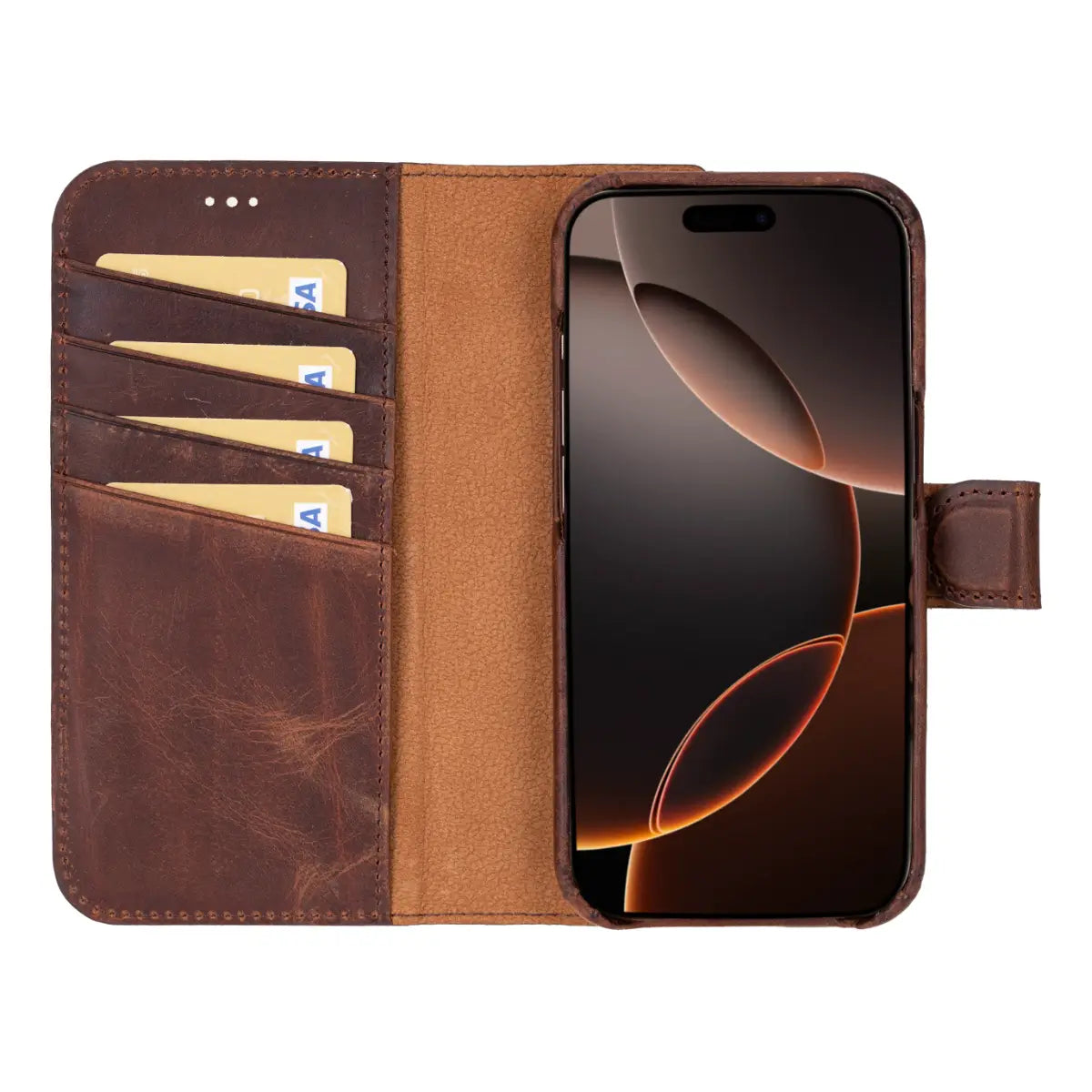 Distressed Brown Genuine Leather iPhone 17 Pro Wallet Case with Card Slots - Premium Protection for Everyday Use, Business Travel & Night Out
