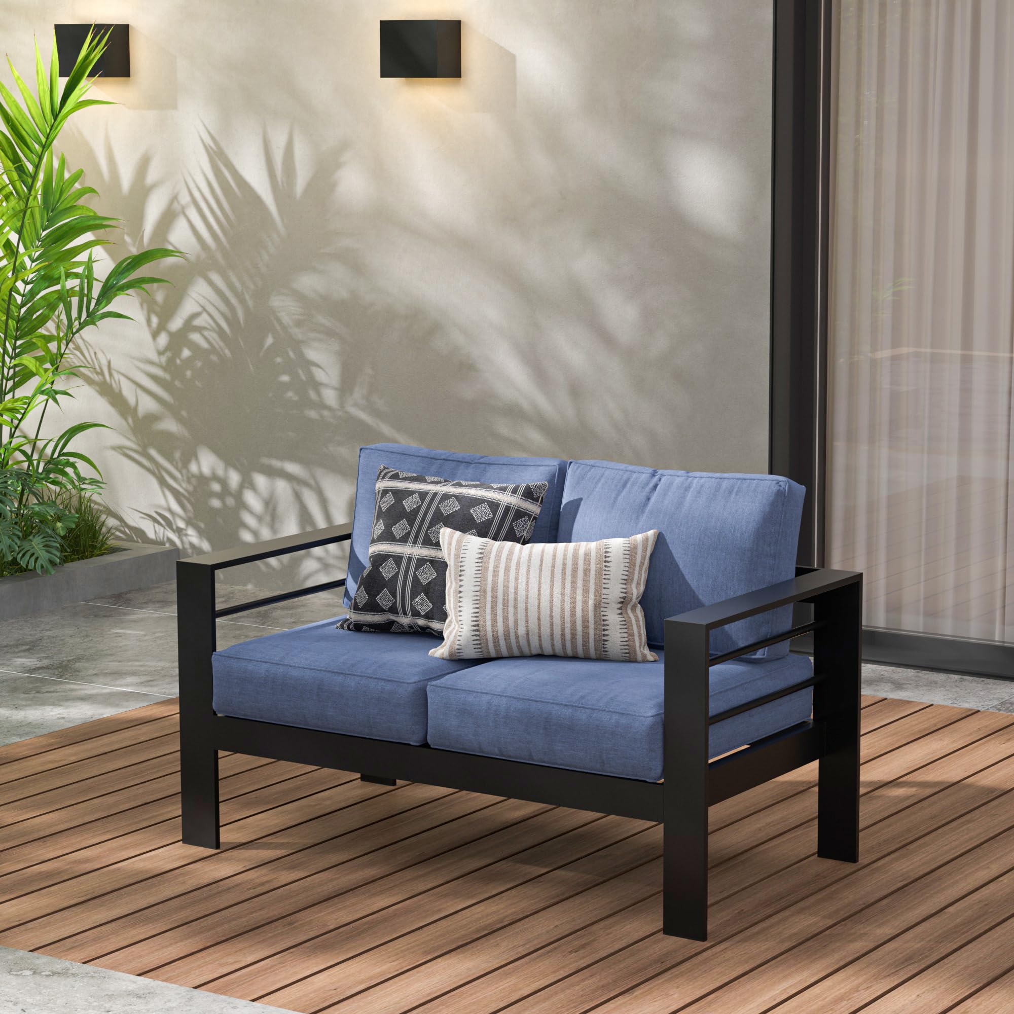 All-Weather Black Aluminum Loveseat with Blue Cushions - Outdoor Patio Furniture 2-Seater Sofa for Garden, Poolside & Backyard Relaxation