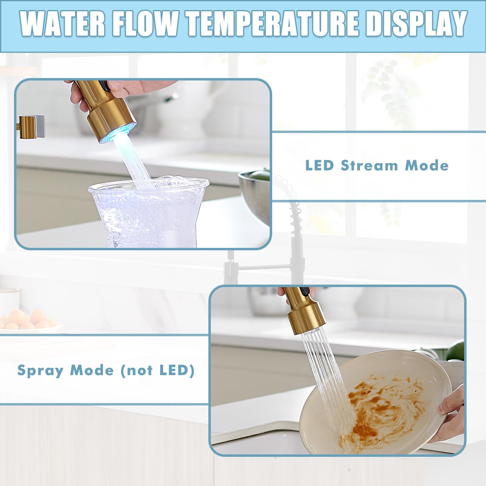 Premium GIMILI Gold LED Kitchen Faucet with Soap Dispenser - Modern Single Handle Pull Down Sprayer Sink Faucet for Contemporary Kitchens | Perfect for Cooking, Washing Dishes & Home Renovation