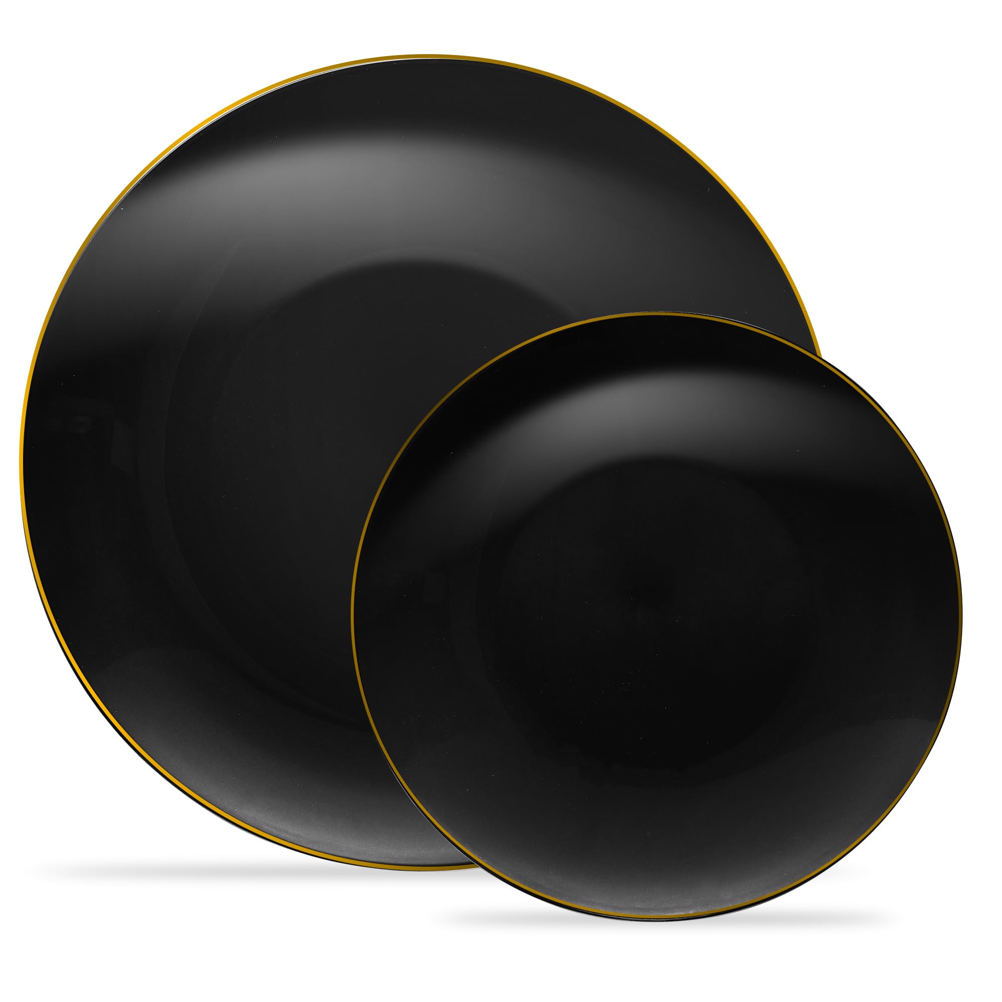 PLASTICPRO 32-Piece Combo Plate Set - 16x7'' Appetizer Plates & 16x10'' Dinner Plates - Elegant Black Plastic with Gold Rim Design - Heavyweight Disposable Party Tableware for Weddings, Catering & Outdoor Events