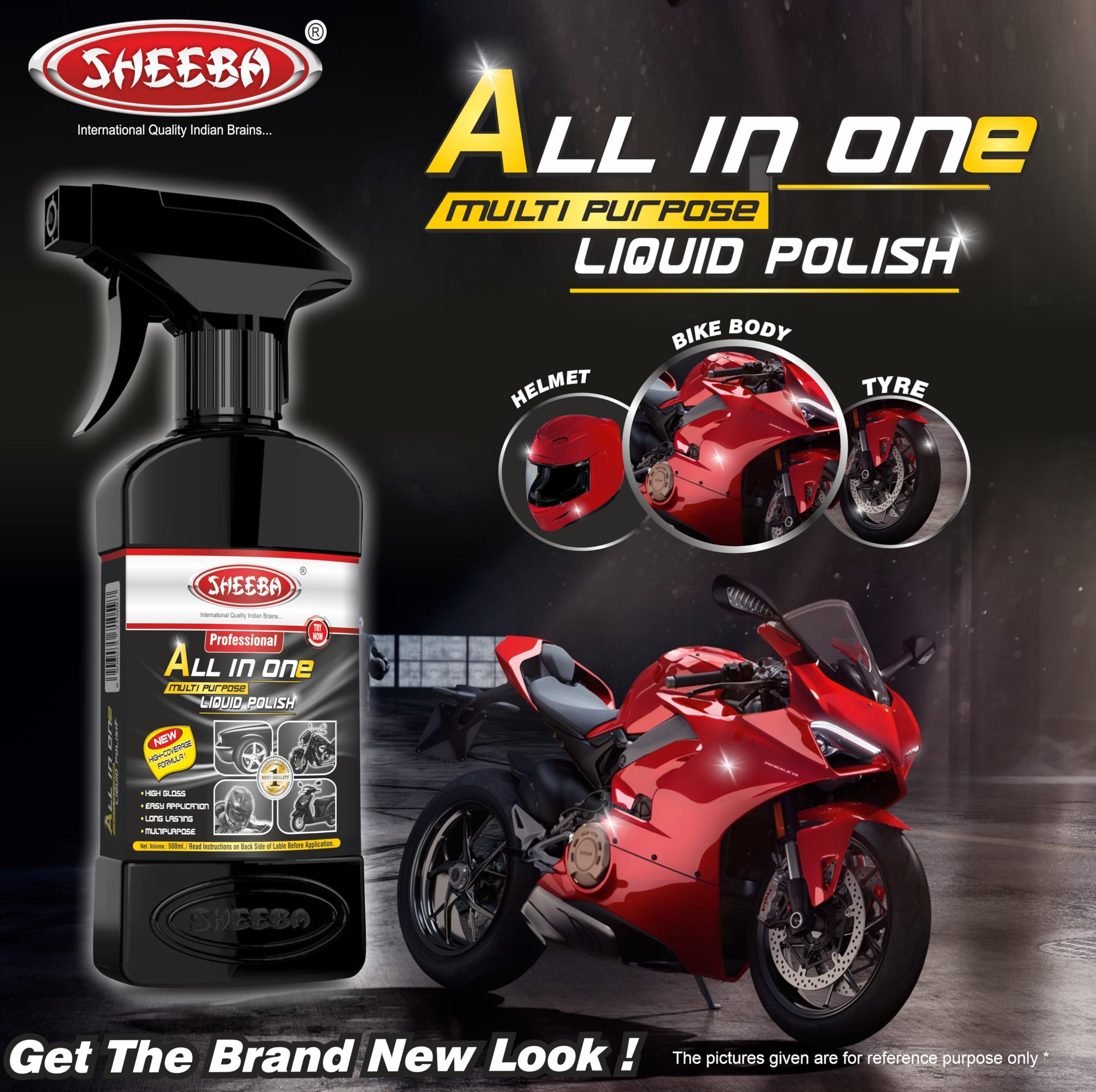 SHEEBA All-in-One Multipurpose Liquid Polish for Cars, Motorcycles, Scooters - High Gloss Finish | Easy to Apply | Works on Interior & Exterior Surfaces | Includes 500mL Bottle with Applicator Pad | Perfect for Vehicle Detailing, Home & Office Maintenance