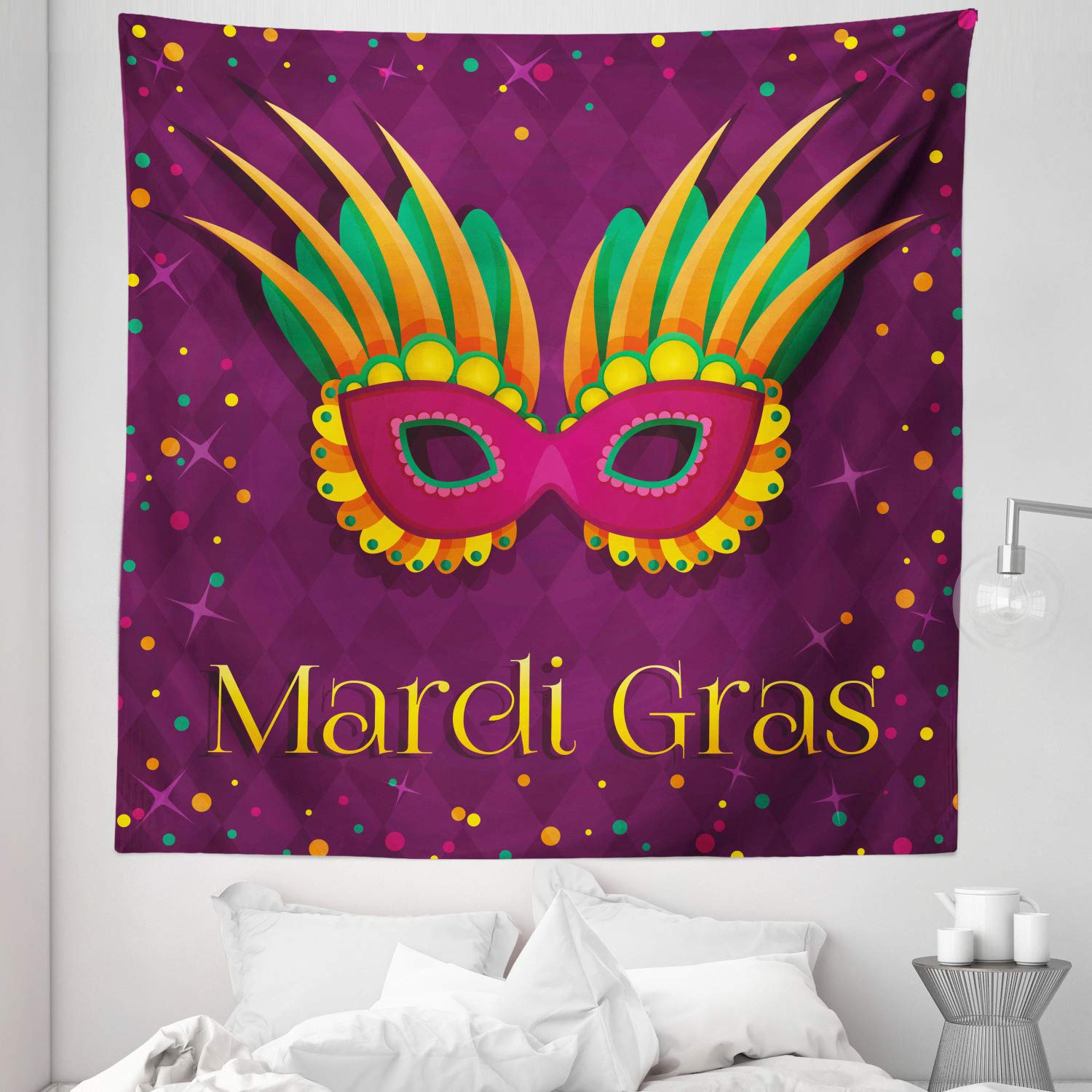 Ambesonne Mardi Gras Tapestry Queen Size 88x88 Inches - Vibrant Festival Design with Stars & Colorful Dots on Purple Backdrop - Wall Hanging, Bedspread, Bed Cover for Home Decor in Purple, Orange, Green - Perfect for Bedroom, Dorm, Party & Festival Decorations