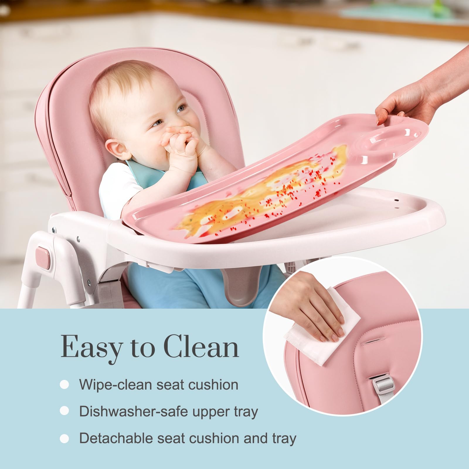 3-in-1 Convertible Baby High Chair with 6 Height & 3 Recline Adjustments - Foldable Toddler Feeding Chair with Removable Tray, 3 Detachable Toys & Built-in Wheels - Perfect for Dining, Weaning & Playtime at Home