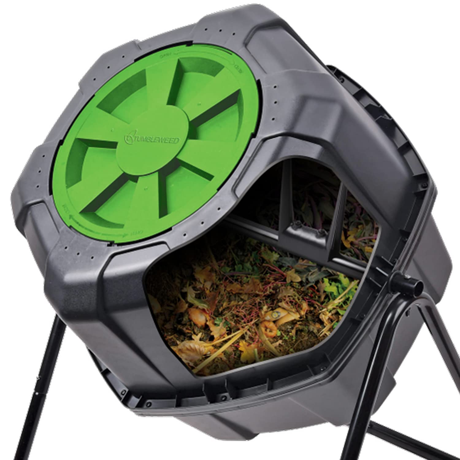 110L 29 Gallon Tumbleweed Compost Tumbler - Black & Green Outdoor/Indoor Rotating Compost Bin with Stand & Locking Lid - Perfect for Garden, Yard, and Kitchen Waste Recycling