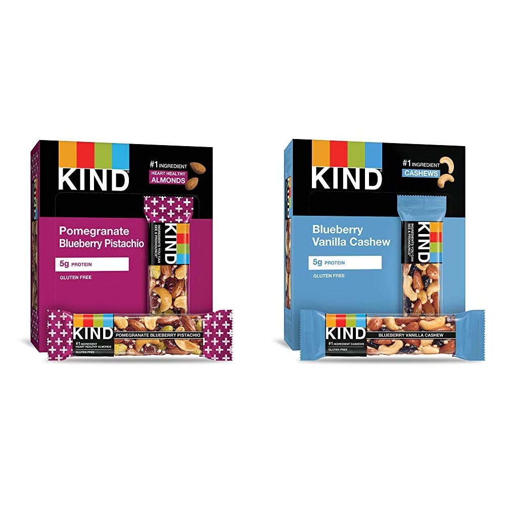 KIND Bars Variety Pack - Pomegranate Blueberry Pistachio & Blueberry Vanilla Cashew, Healthy Gluten-Free Snacks with 5g Protein (12 Count) | Perfect for On-the-Go Breakfast, Office Snacks & Post-Workout Energy Boost
