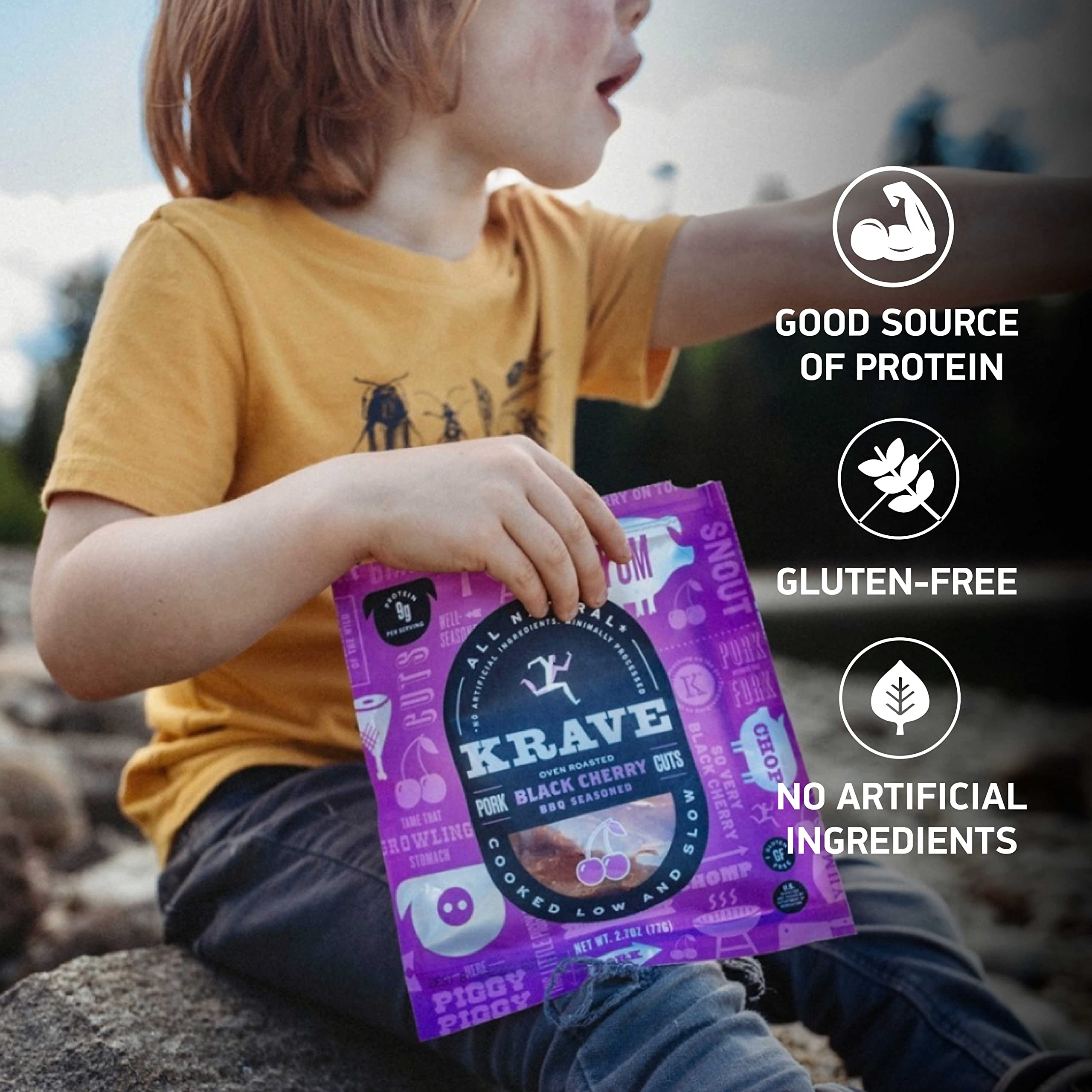 KRAVE Natural Pork Jerky - Black Cherry BBQ Protein Snack for Hiking & Travel (2.7oz)