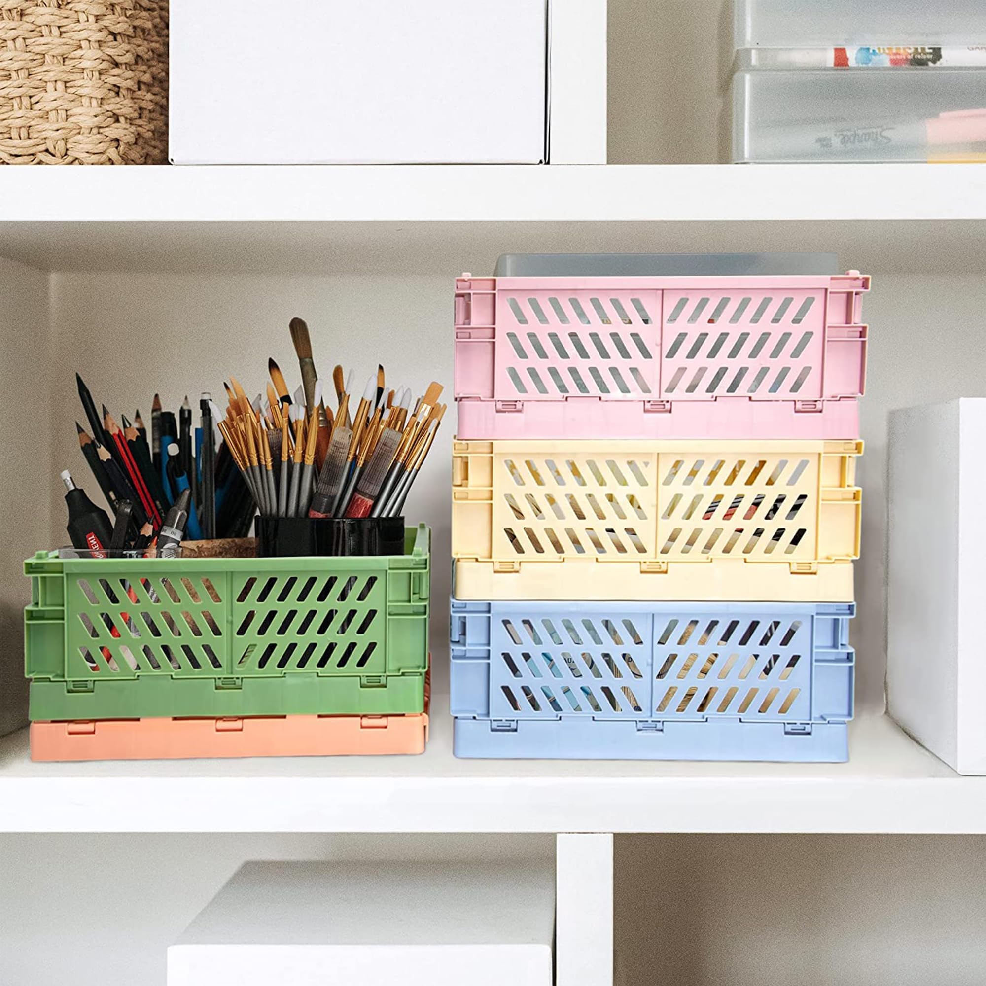Monomono Stackable Plastic Storage Bins - 5-Pack Pastel Yellow Organizing Crates (10.5x6.6x3.6 Inches) for Home, Office, Kids Room & Closet Organization | Space-Saving & Aesthetic Storage Solution