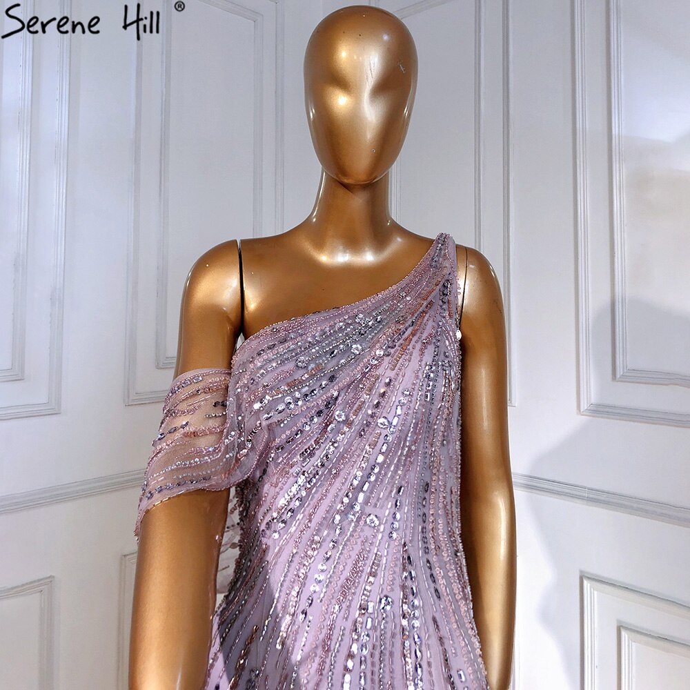 Elegant Pink Arabic A-Line One Shoulder Evening Dress with High Slit & Beading - Luxury Women's Party Gown for Prom, Wedding & Special Occasions - Serene Hill LA71241