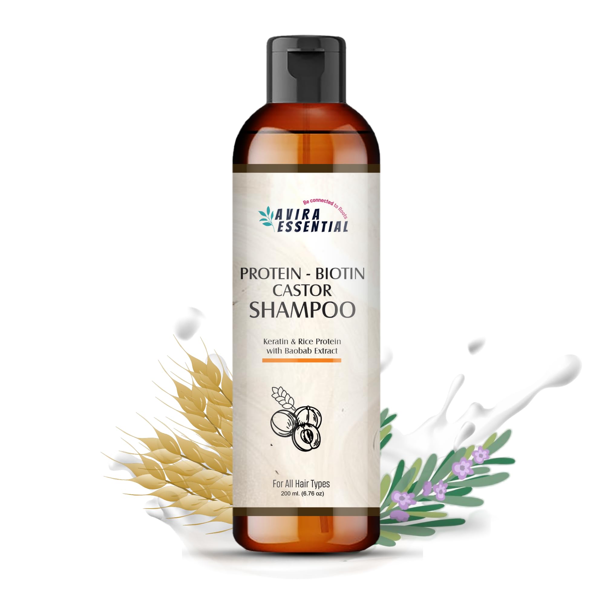 Avira Essential Protein Biotin Castor Shampoo for Hair Growth - Anti Hair Loss, Anti Dandruff & Frizz Control | Organic Keratin & Rice Protein Shampoo for Women & Men - Volumizing Treatment for Dry, Damaged Hair (200ml) | Perfect for Daily Use & Hair Repair Routine
